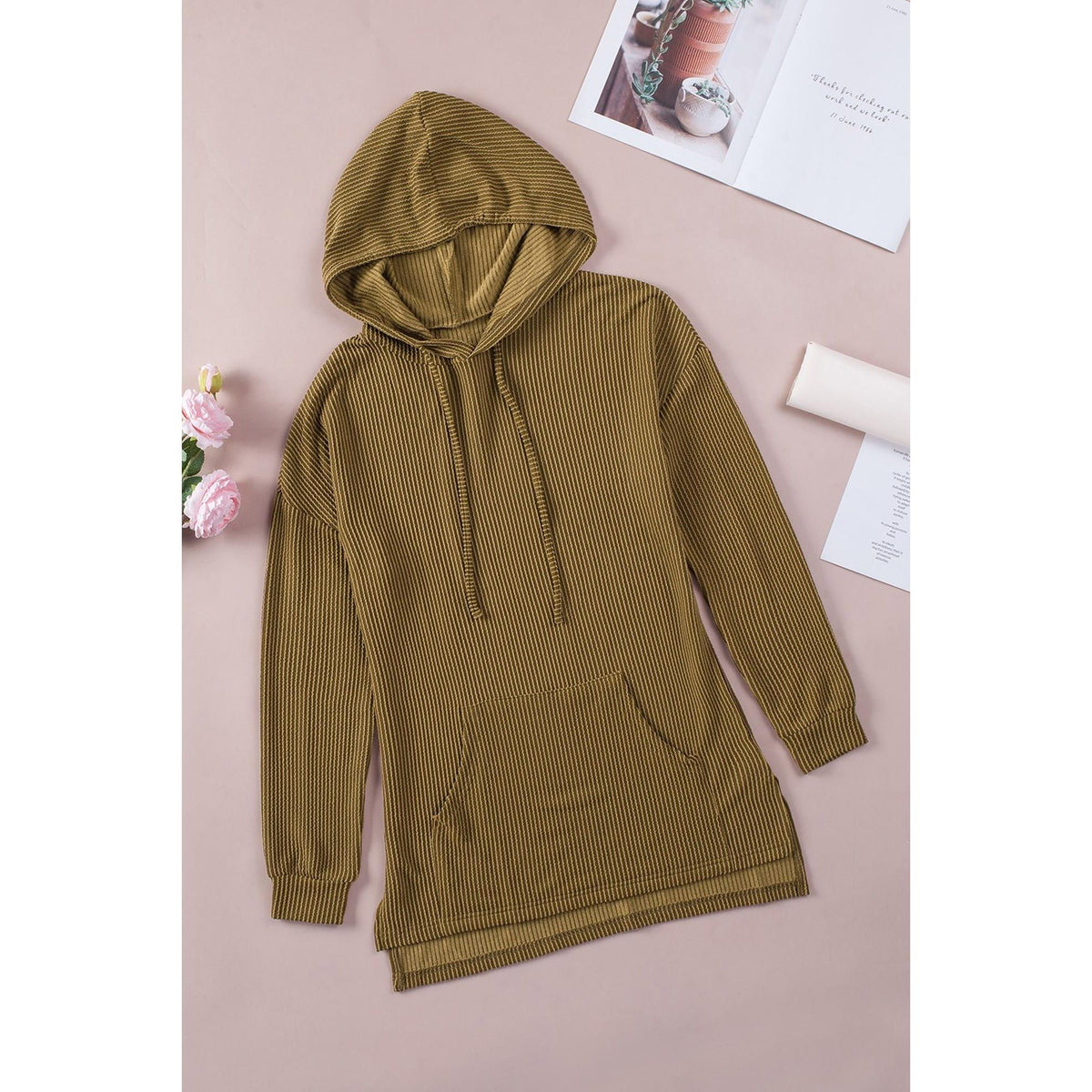 Azura Exchange Ribbed Drawstring Hoodie with Kangaroo Pocket - M
