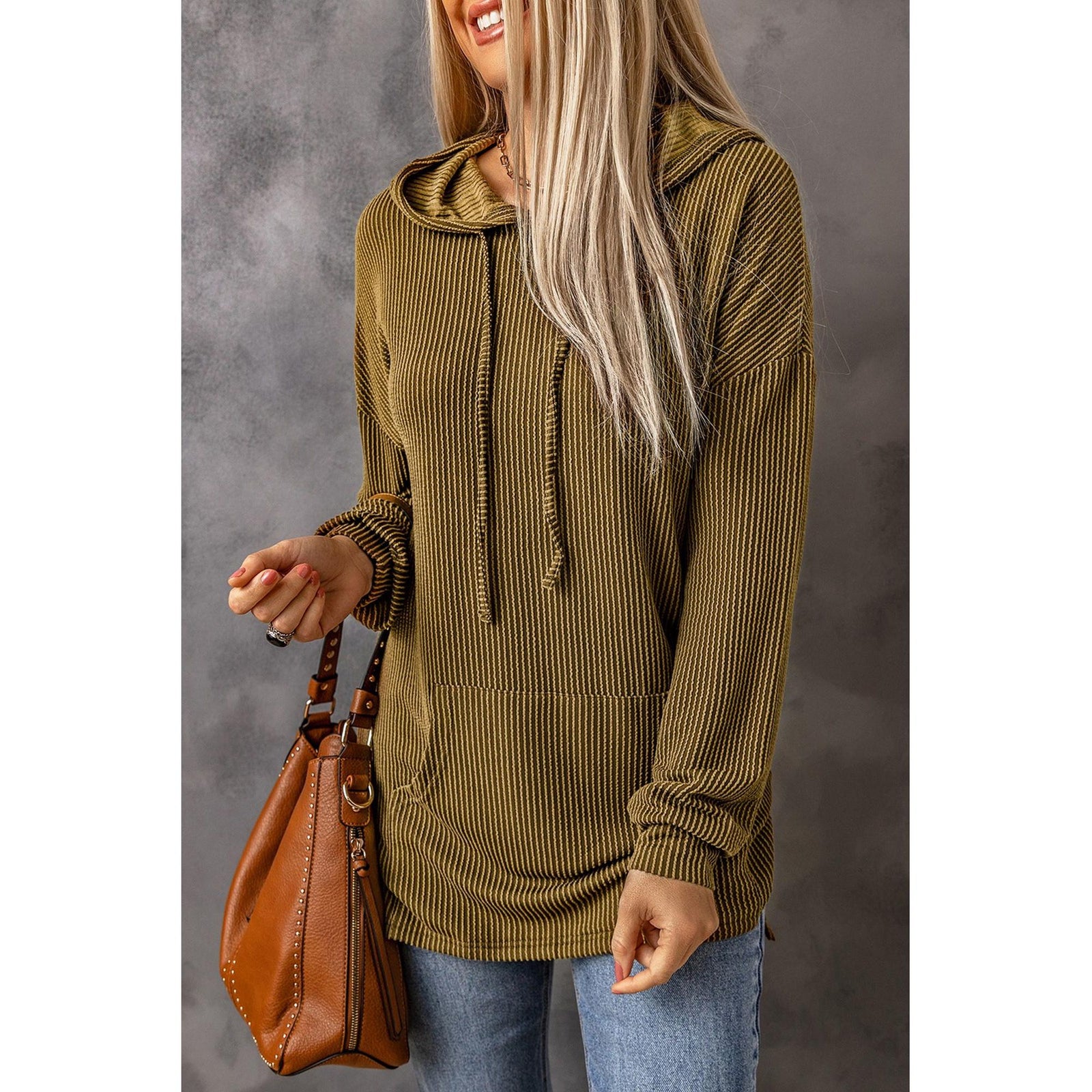 Azura Exchange Ribbed Drawstring Hoodie with Kangaroo Pocket - M