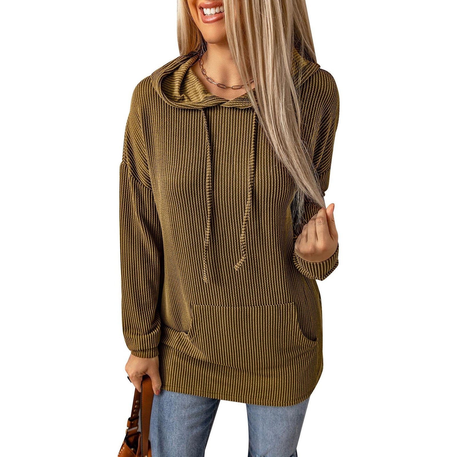 Azura Exchange Ribbed Drawstring Hoodie with Kangaroo Pocket - M