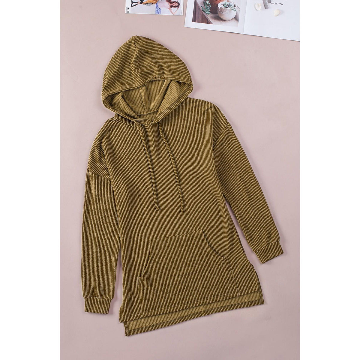 Azura Exchange Ribbed Drawstring Hoodie with Kangaroo Pocket - M