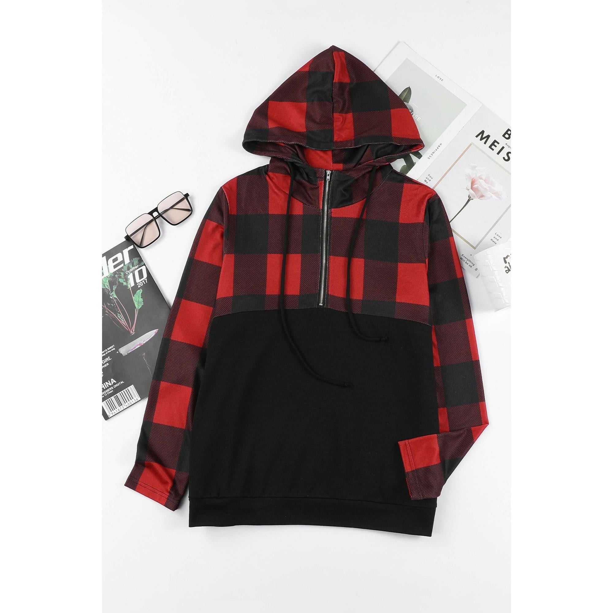 Azura Exchange Buffalo Plaid Zip Pullover Hooded Top - M