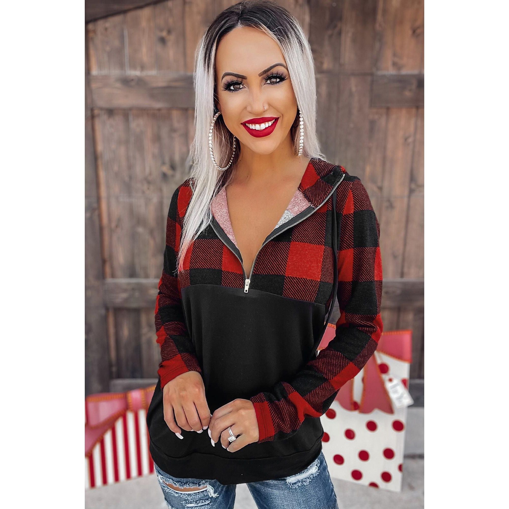 Azura Exchange Buffalo Plaid Zip Pullover Hooded Top - M