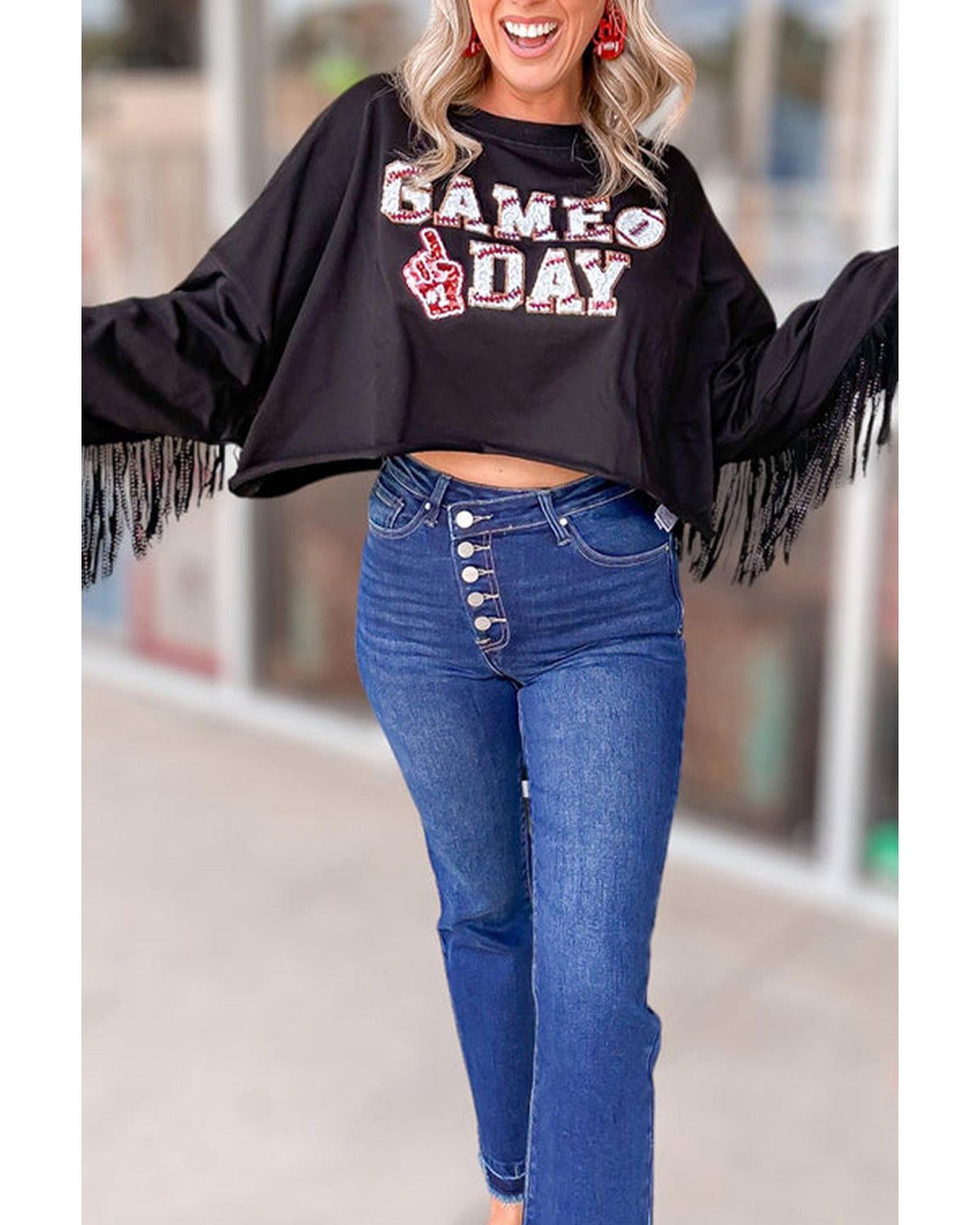Black GAME DAY Rugby Sequined Tasseled Cropped Sweatshirt - L