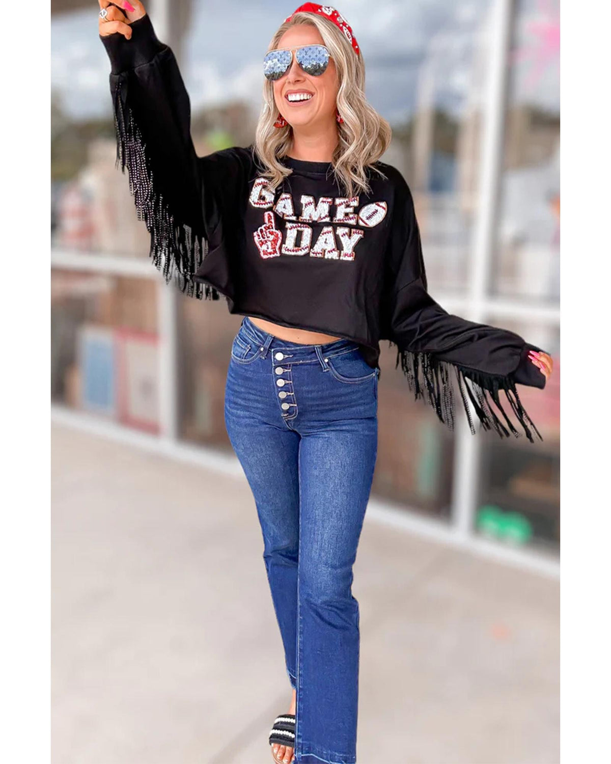 Black GAME DAY Rugby Sequined Tasseled Cropped Sweatshirt - L