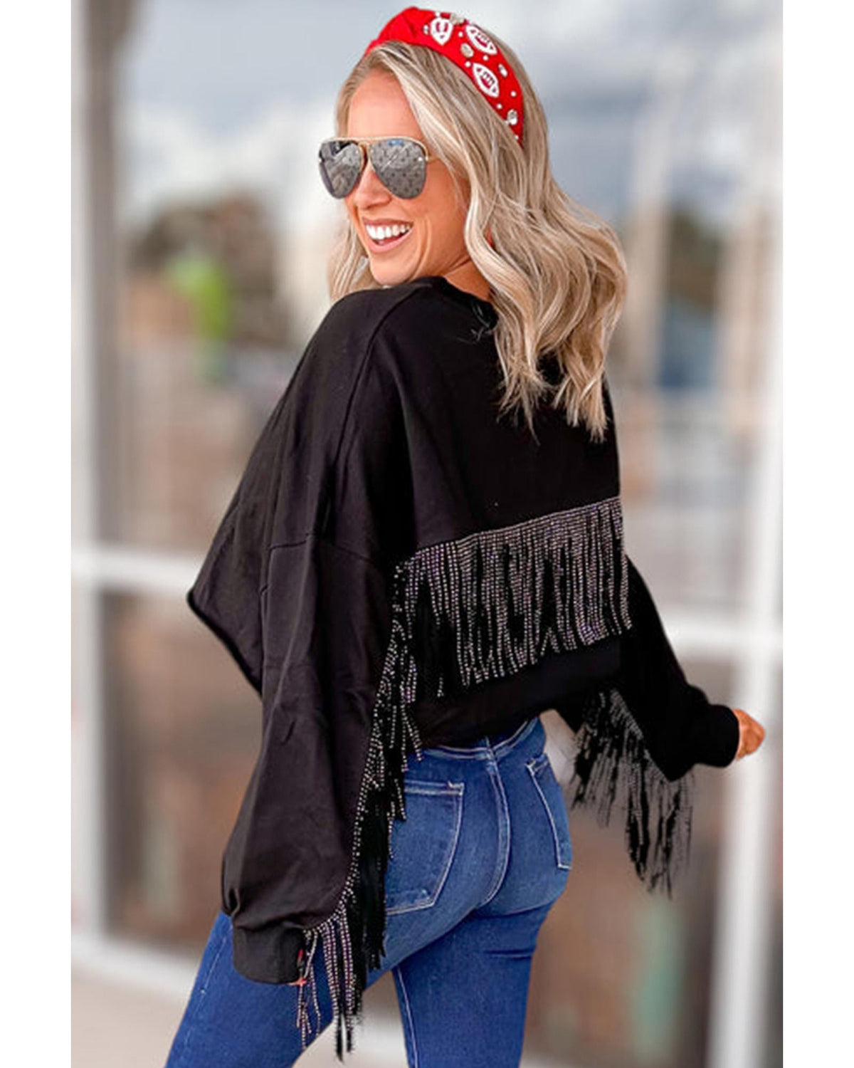 Black GAME DAY Rugby Sequined Tasseled Cropped Sweatshirt - M