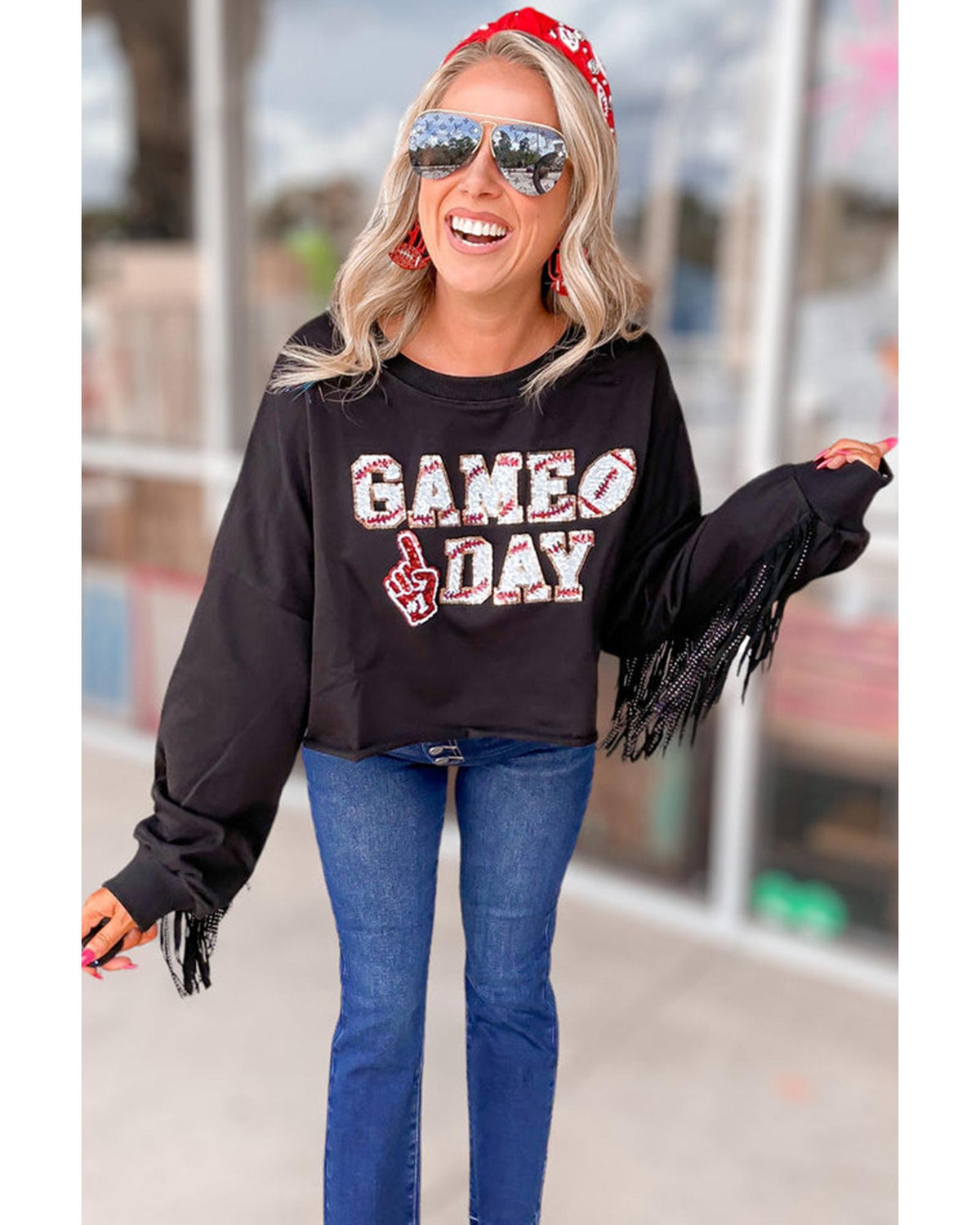 Black GAME DAY Rugby Sequined Tasseled Cropped Sweatshirt - XL