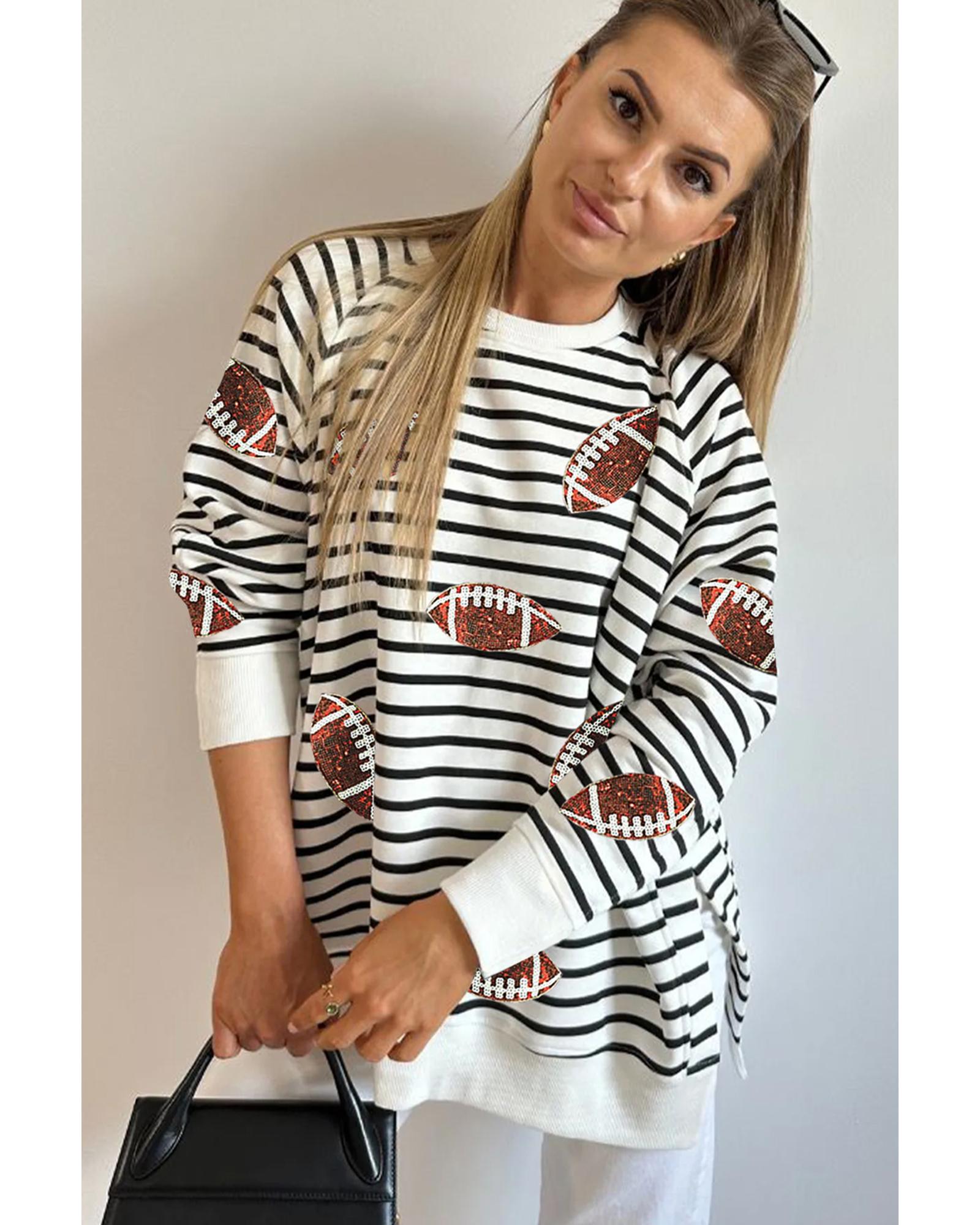 Black Stripe Sequin Rugby Football Side Slits Oversized Sweatshirt - L