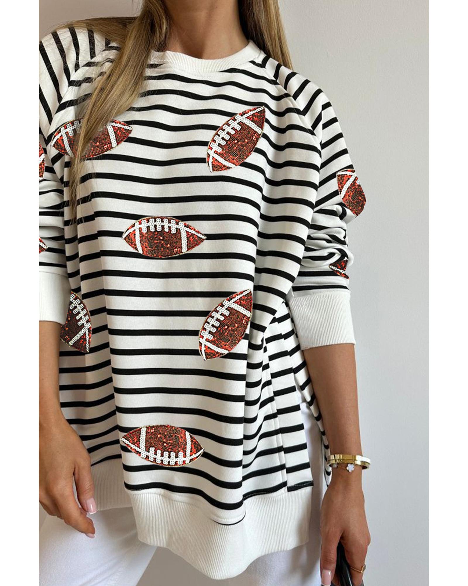 Black Stripe Sequin Rugby Football Side Slits Oversized Sweatshirt - S