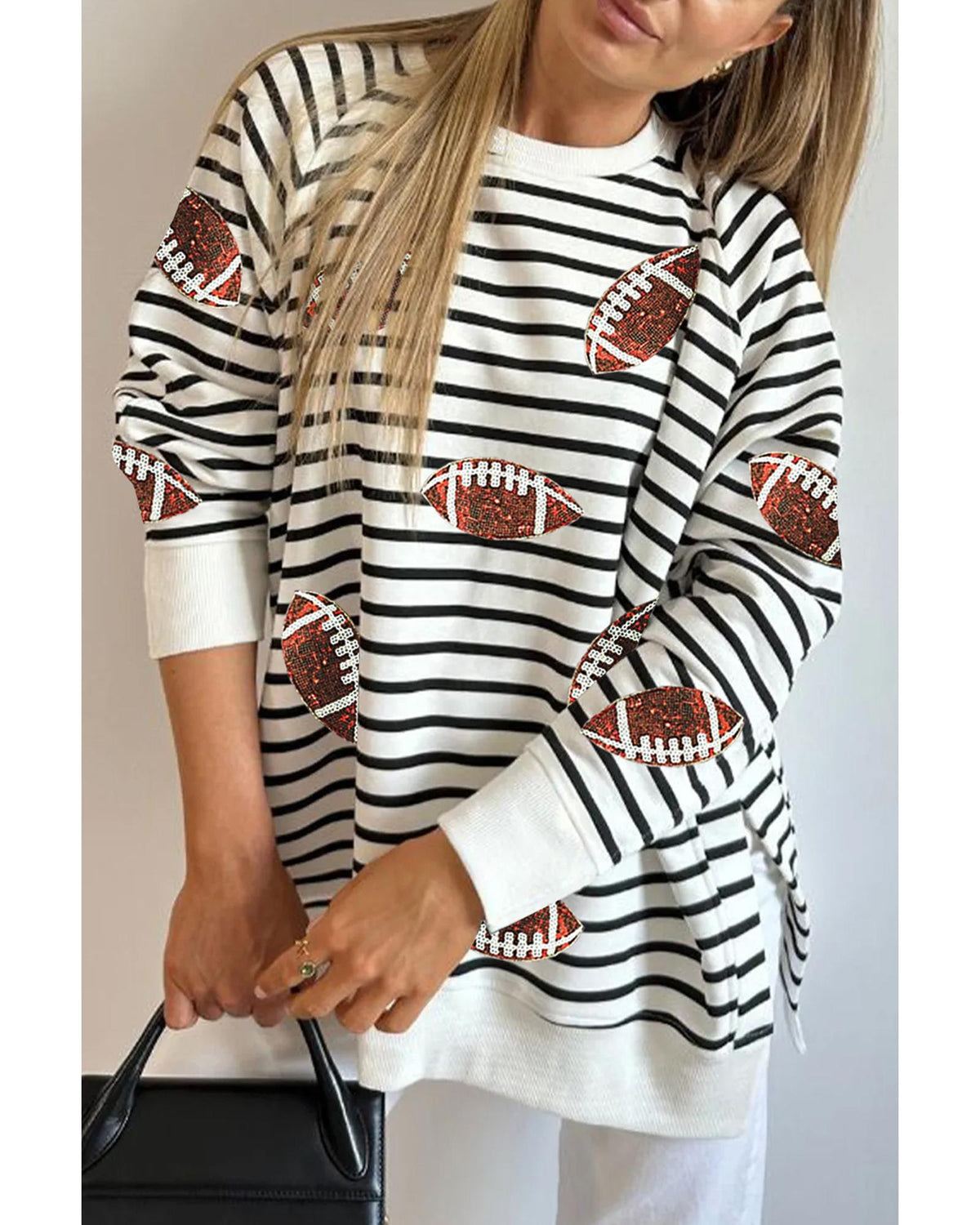 Black Stripe Sequin Rugby Football Side Slits Oversized Sweatshirt - S