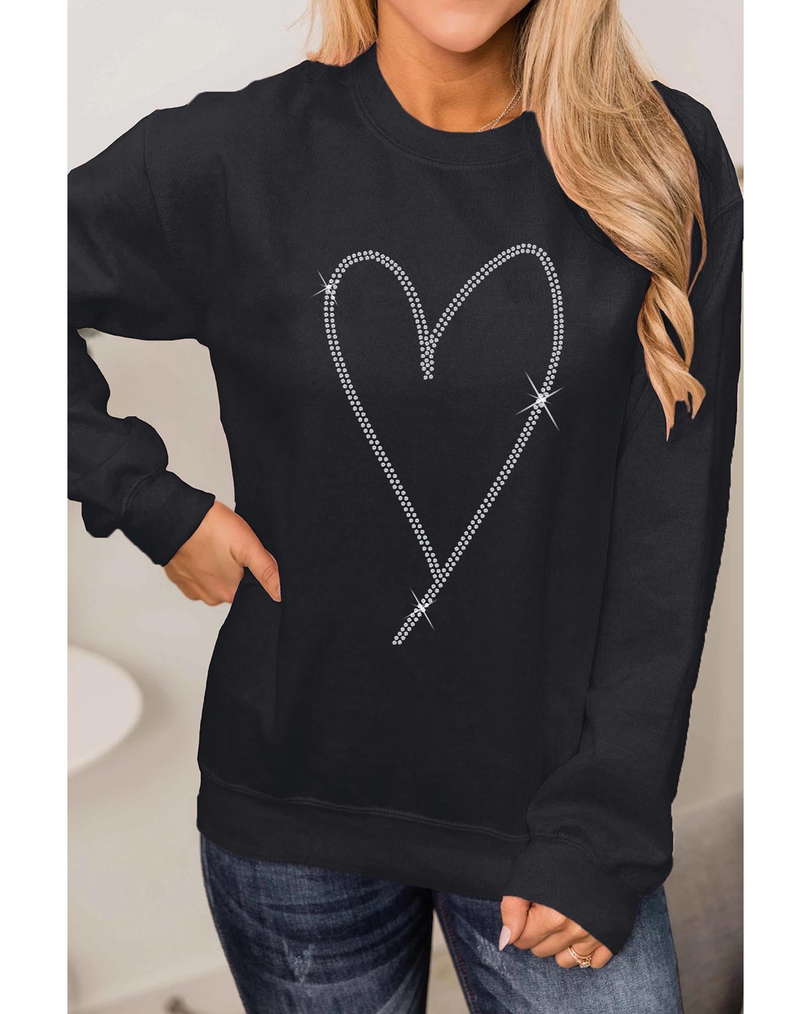 Black Rhinestone Heart Pattern Valentines Fashion Sweatshirt - XL