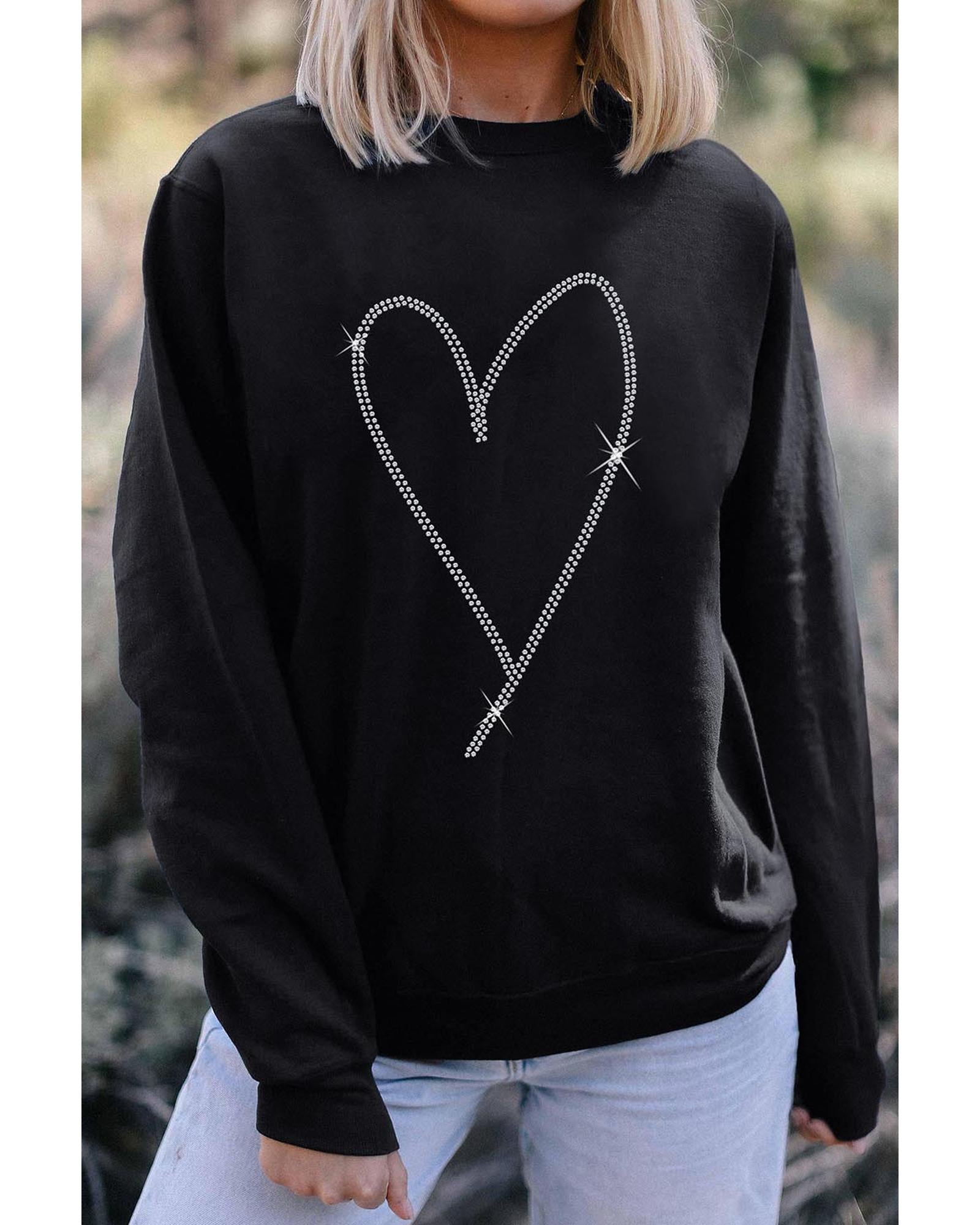 Black Rhinestone Heart Pattern Valentines Fashion Sweatshirt - XL