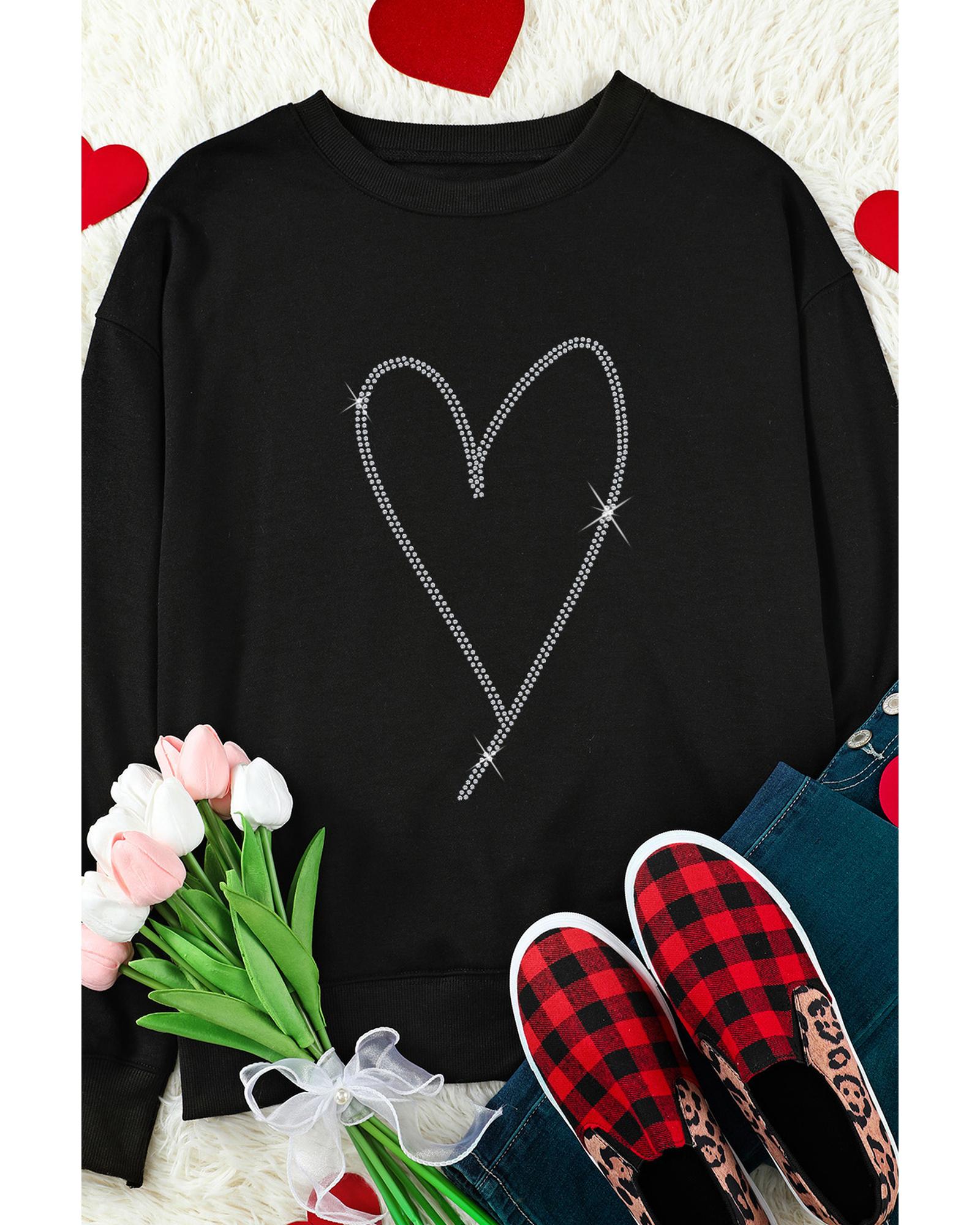 Black Rhinestone Heart Pattern Valentines Fashion Sweatshirt - XL