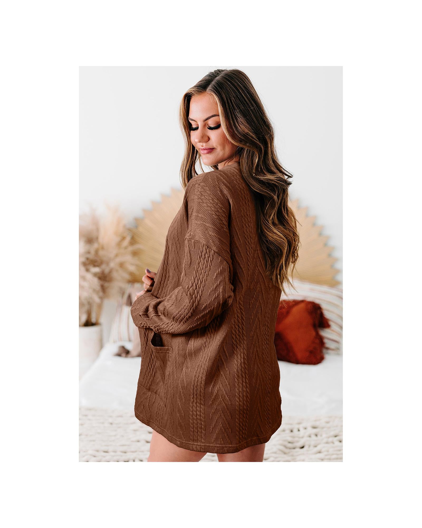 Coffee  Solid Textured Open Front Cardigan with Pocket - L