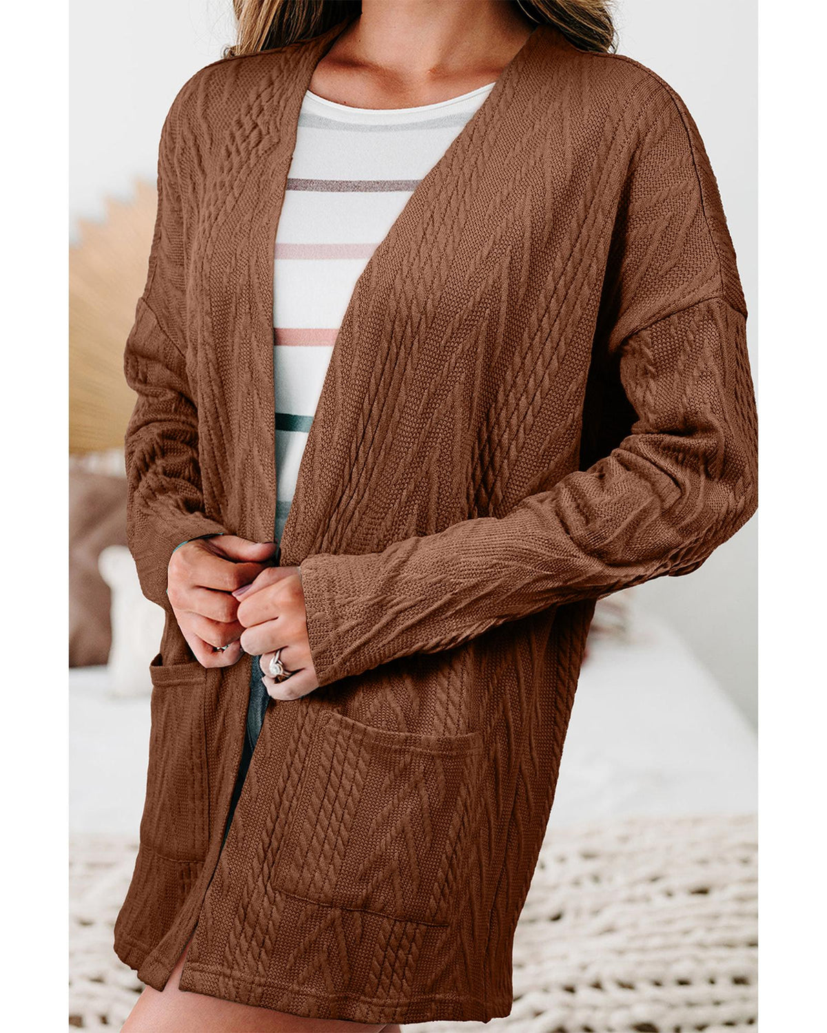 Coffee  Solid Textured Open Front Cardigan with Pocket - L