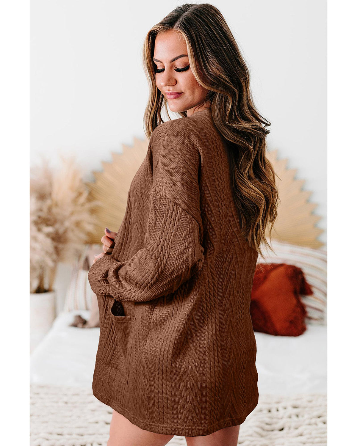 Coffee  Solid Textured Open Front Cardigan with Pocket - XL