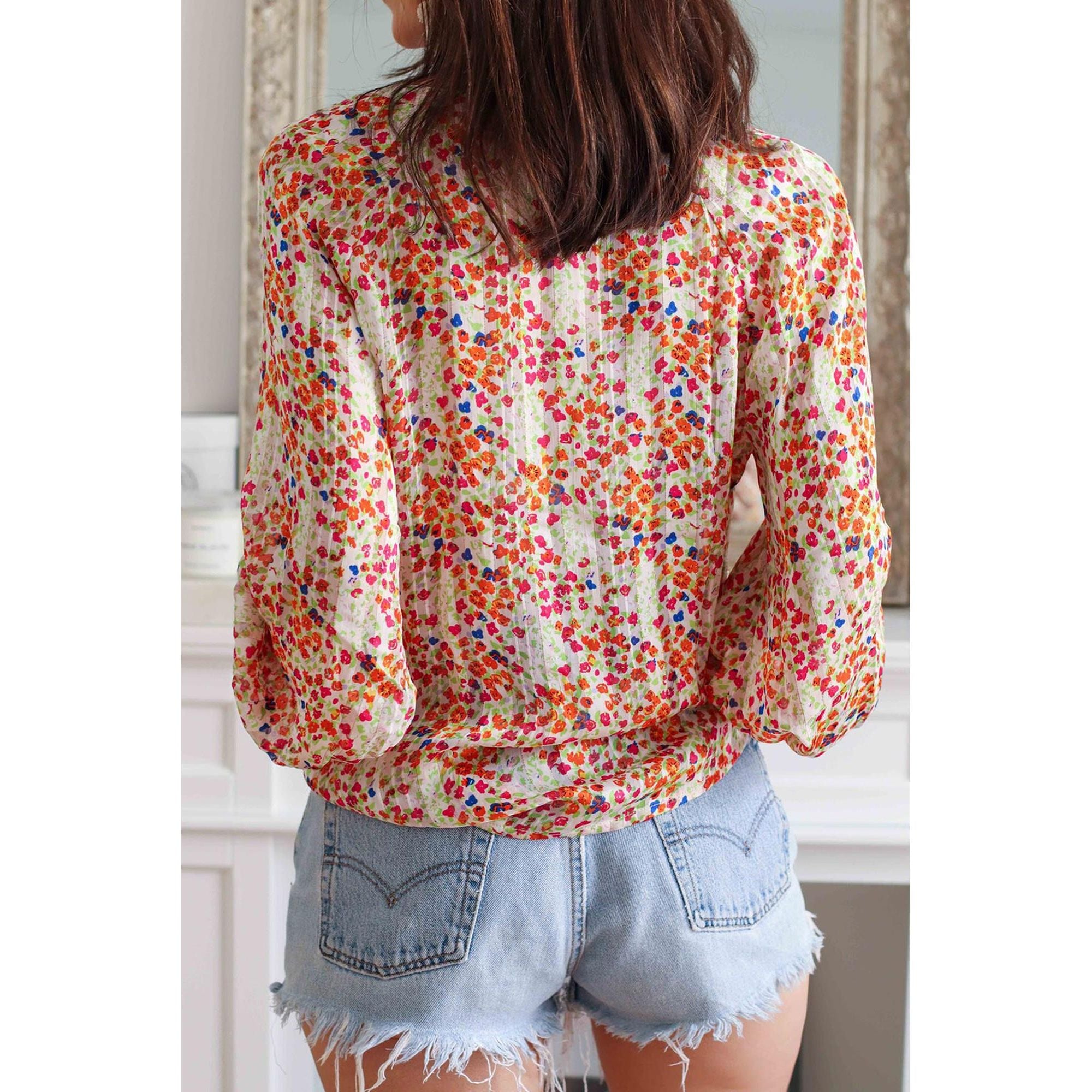 Azura Exchange Boho Floral Print Button Front Shirt - L