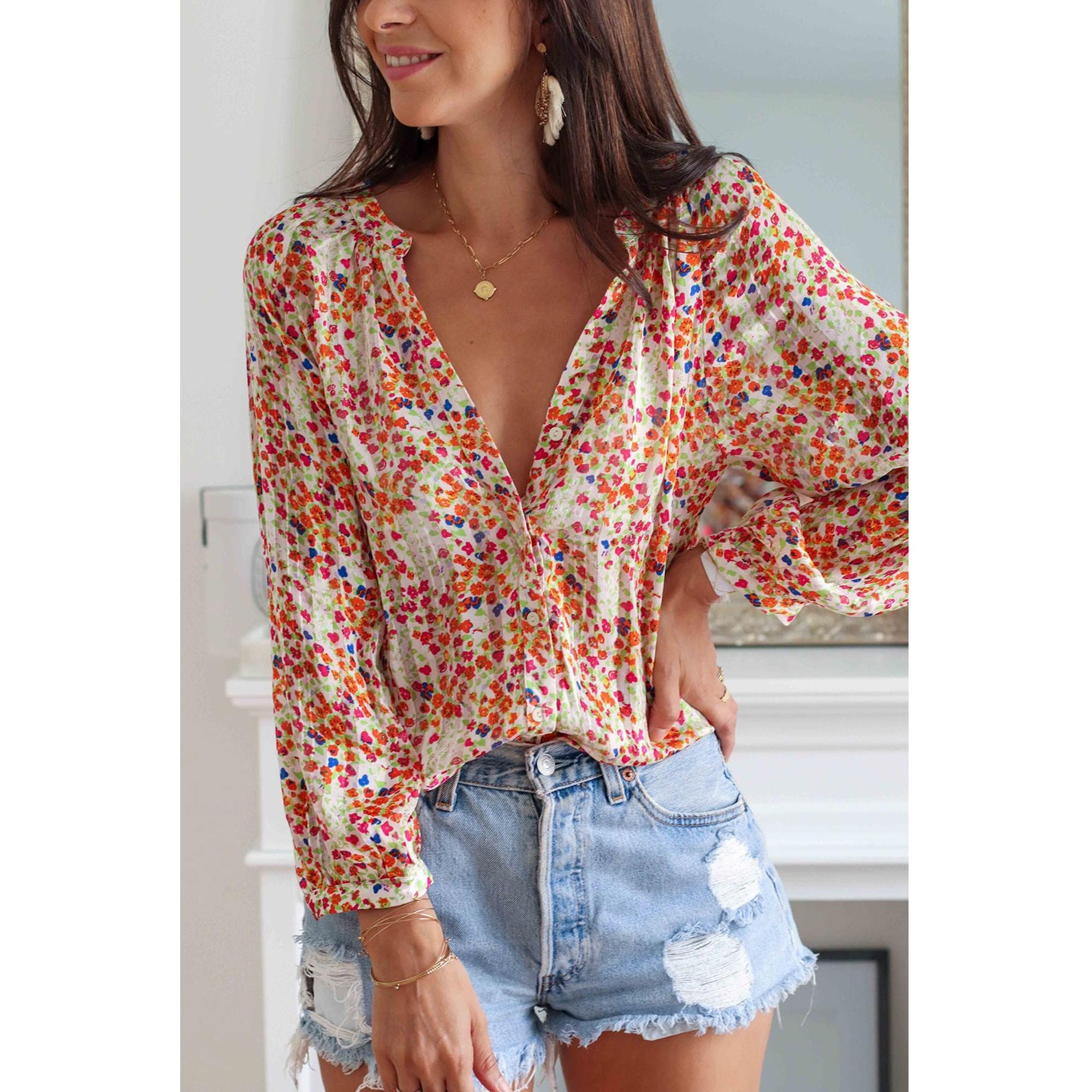 Azura Exchange Boho Floral Print Button Front Shirt - M