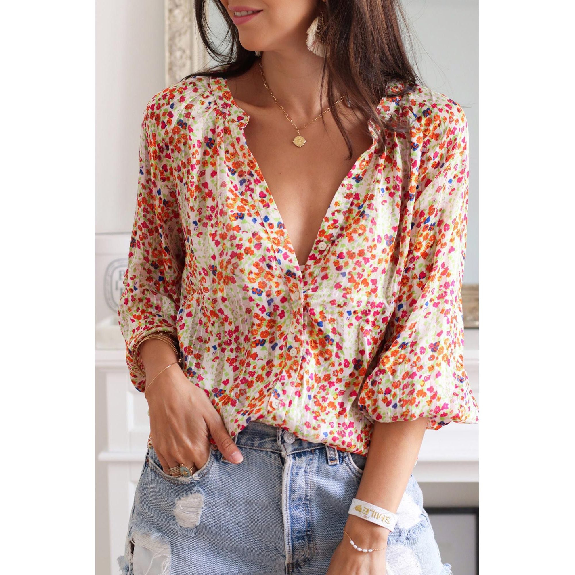 Azura Exchange Boho Floral Print Button Front Shirt - S