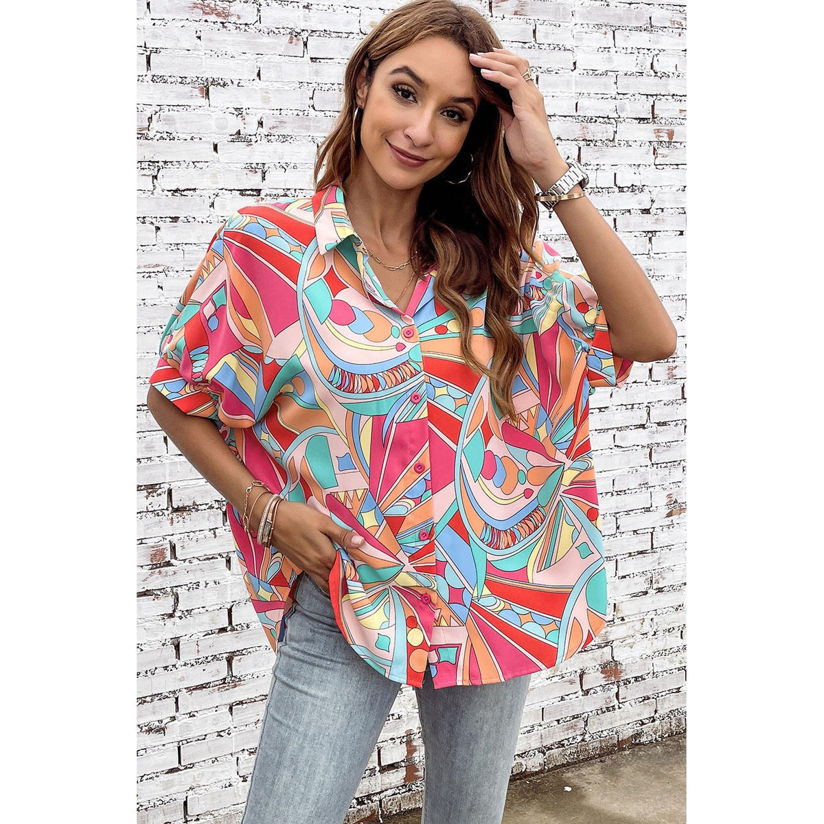 Azura Exchange Abstract Geometry Print Half Puff Sleeve Shirt - L