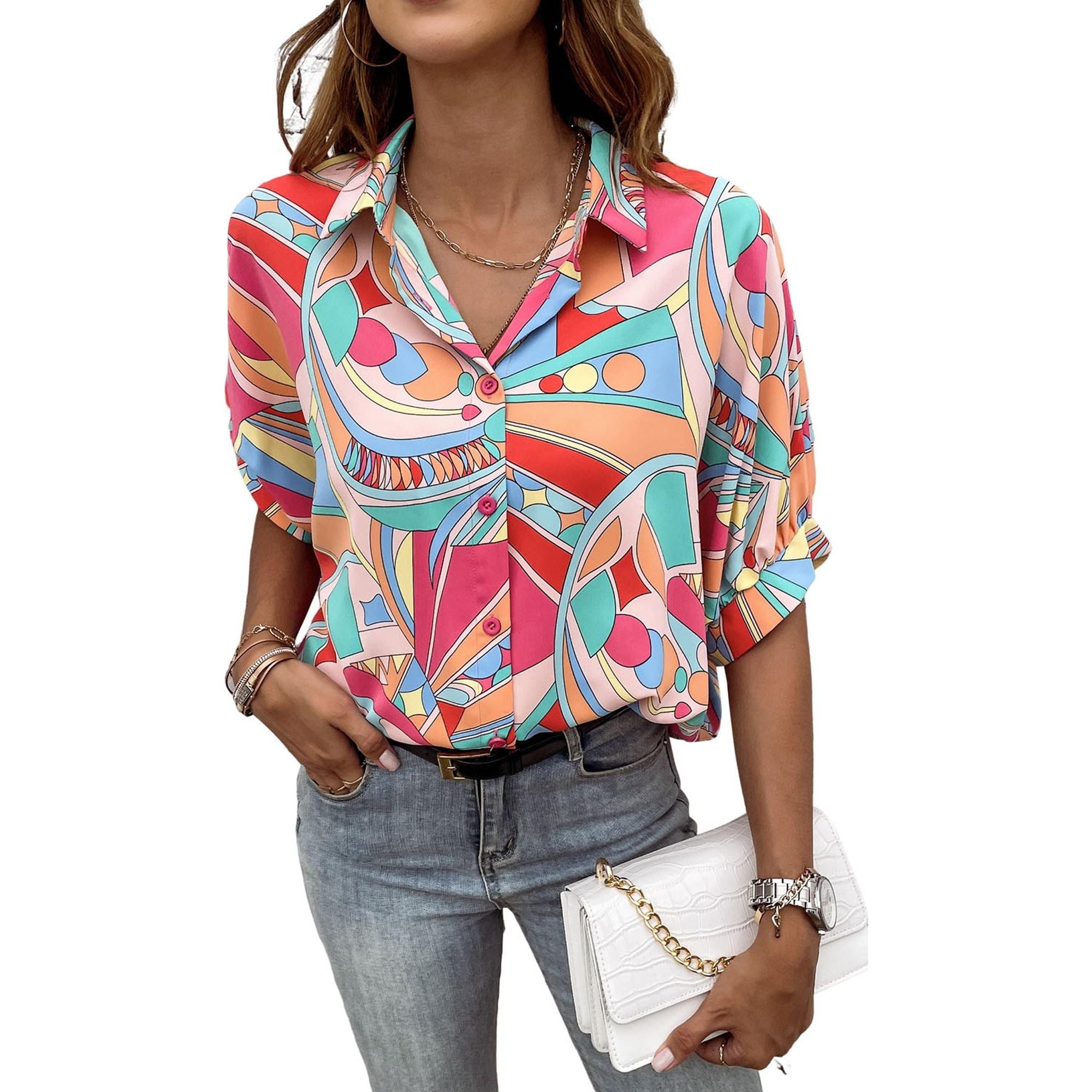 Azura Exchange Abstract Geometry Print Half Puff Sleeve Shirt - L