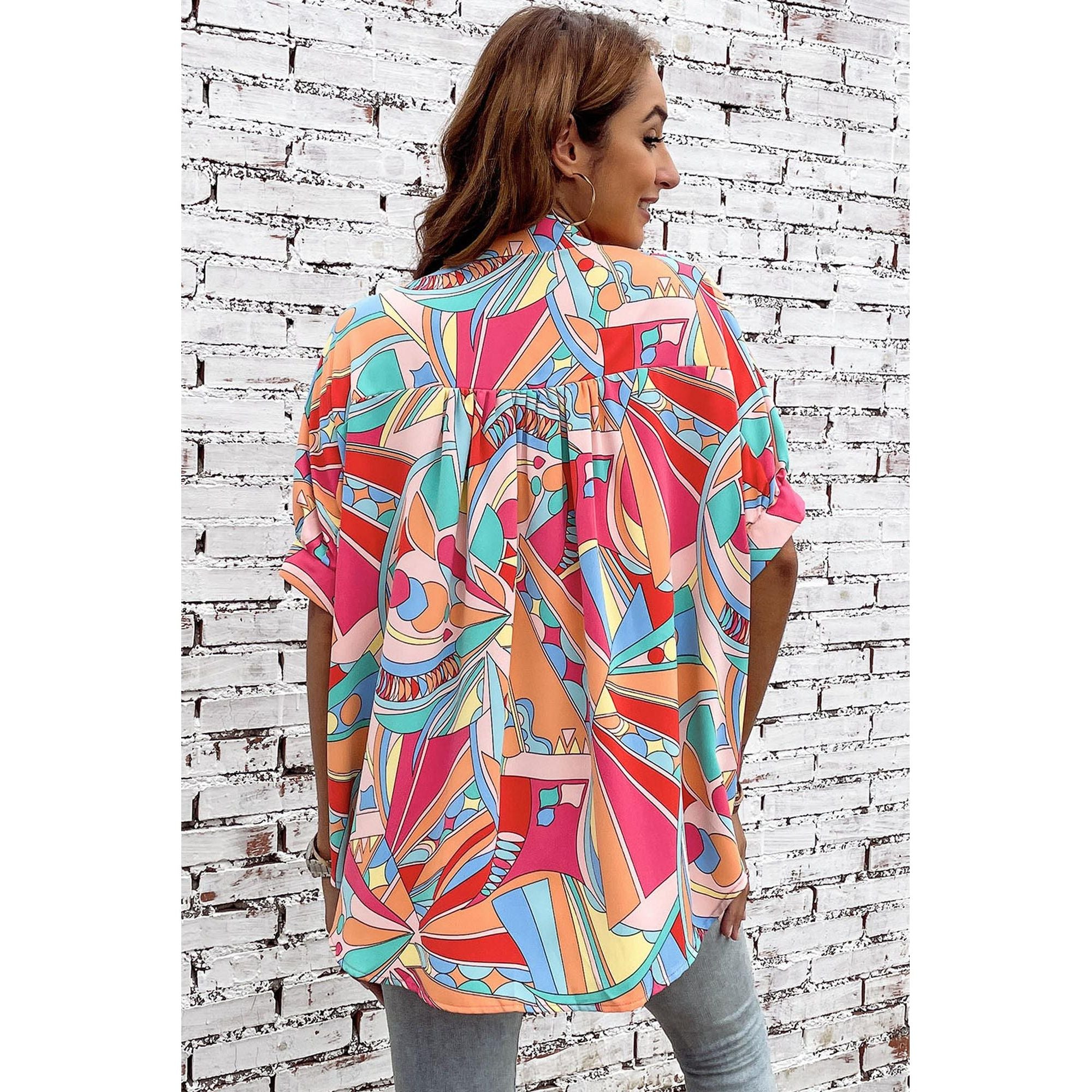 Azura Exchange Abstract Geometry Print Half Puff Sleeve Shirt - L