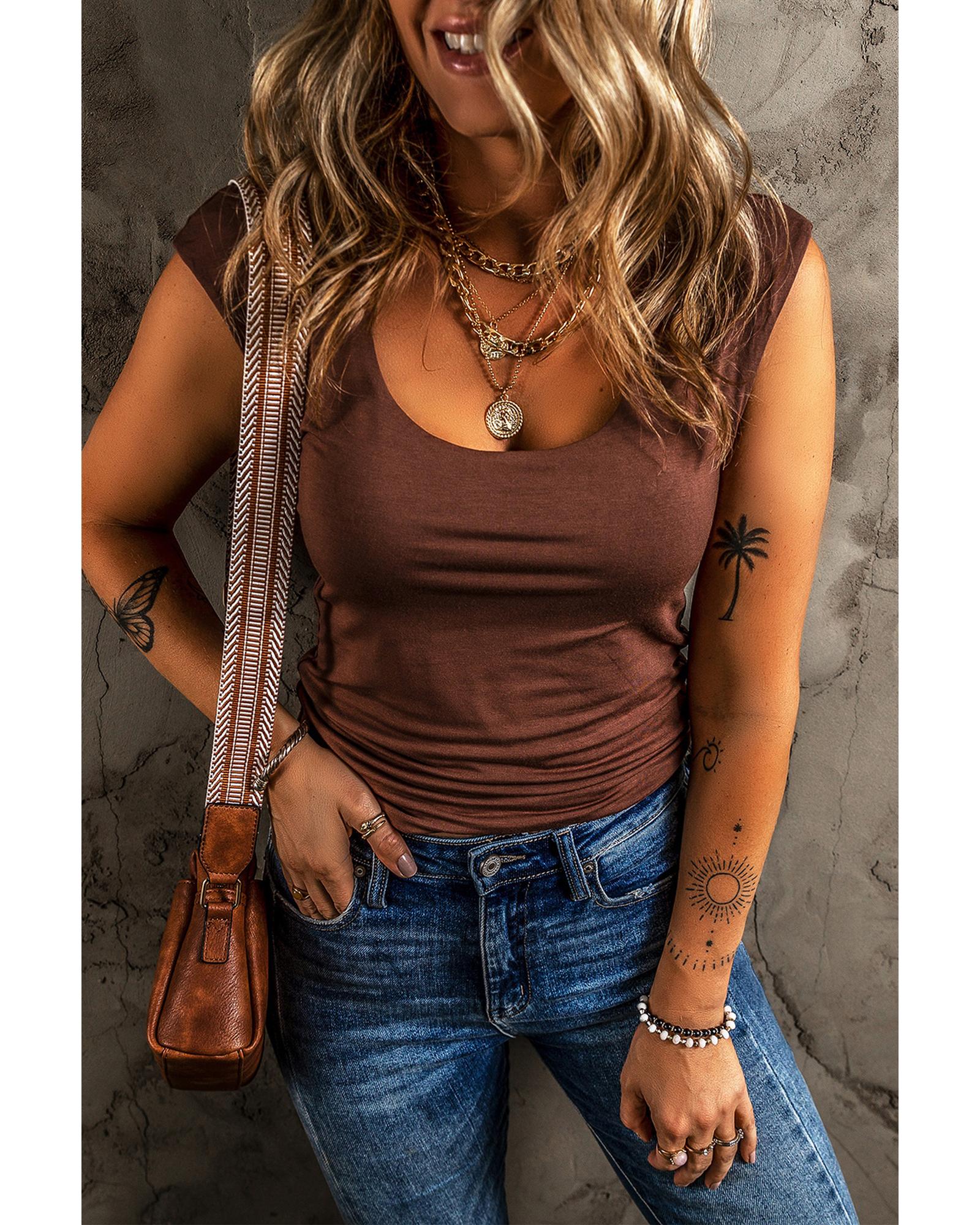 Coffee Solid Color U Neck Slim Fit Tank Top - L