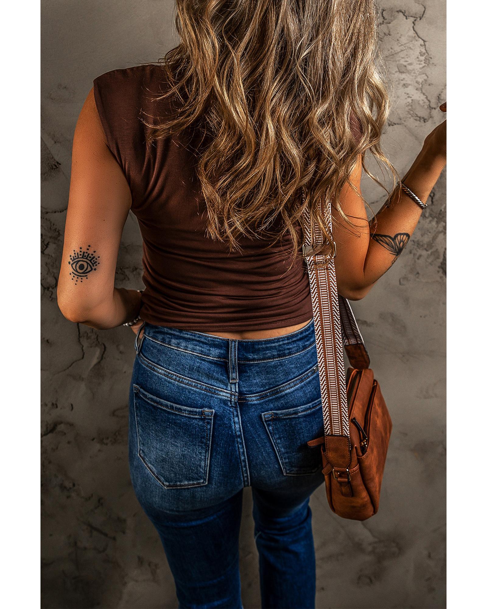Coffee Solid Color U Neck Slim Fit Tank Top - L