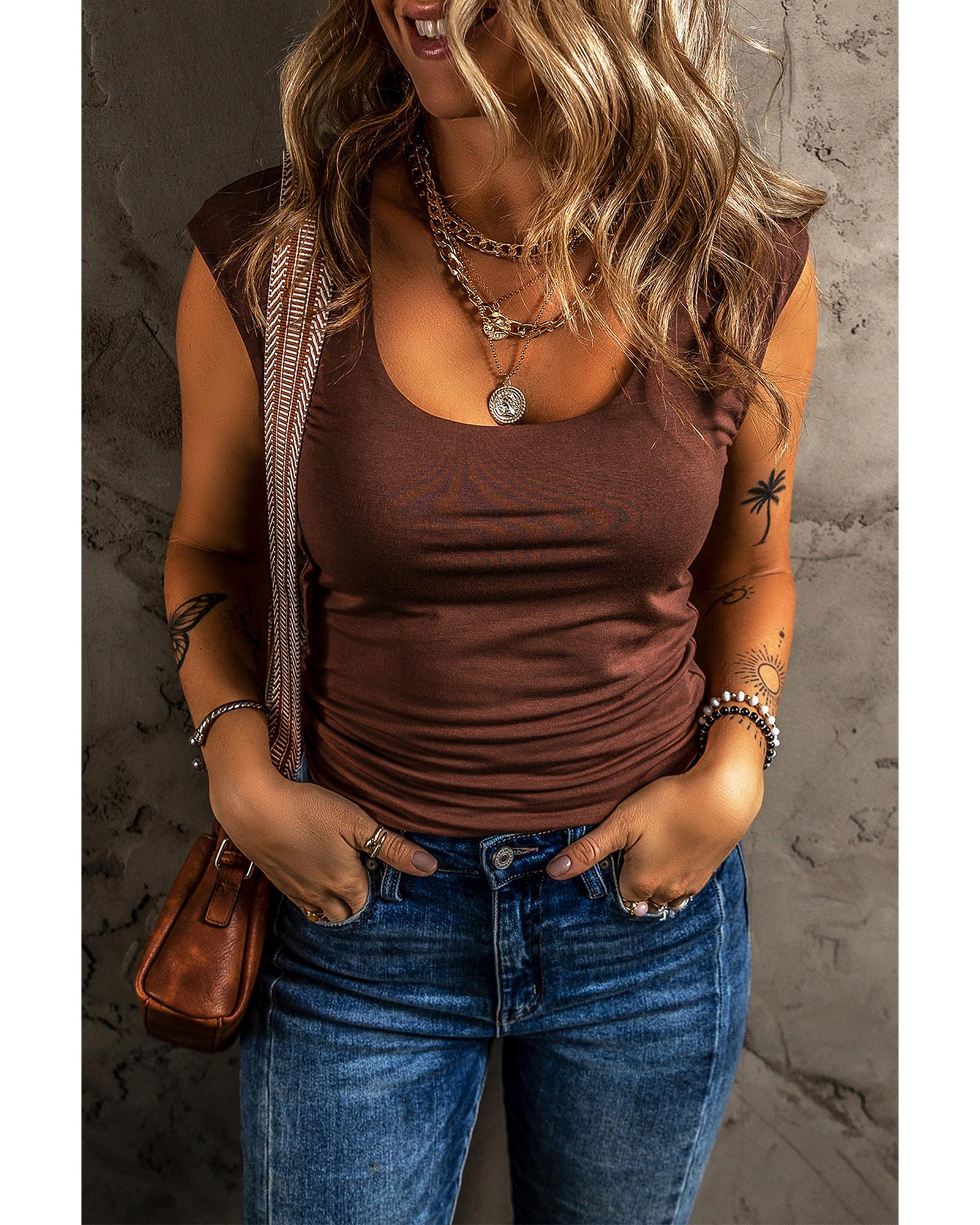 Coffee Solid Color U Neck Slim Fit Tank Top - L