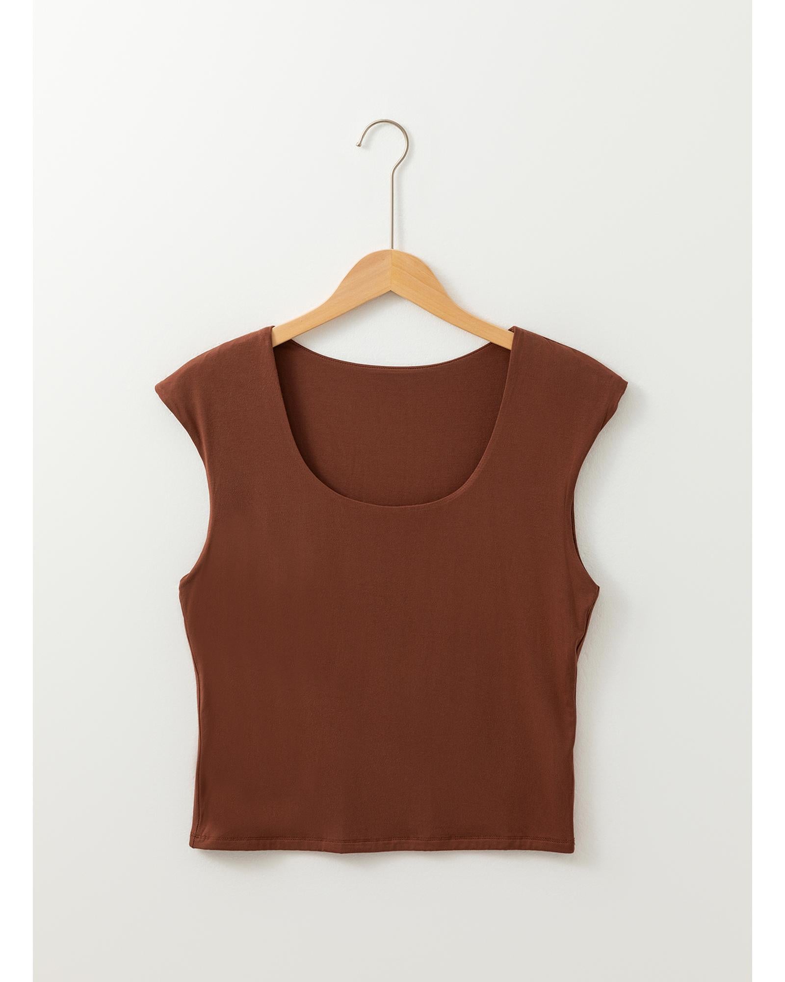 Coffee Solid Color U Neck Slim Fit Tank Top - L