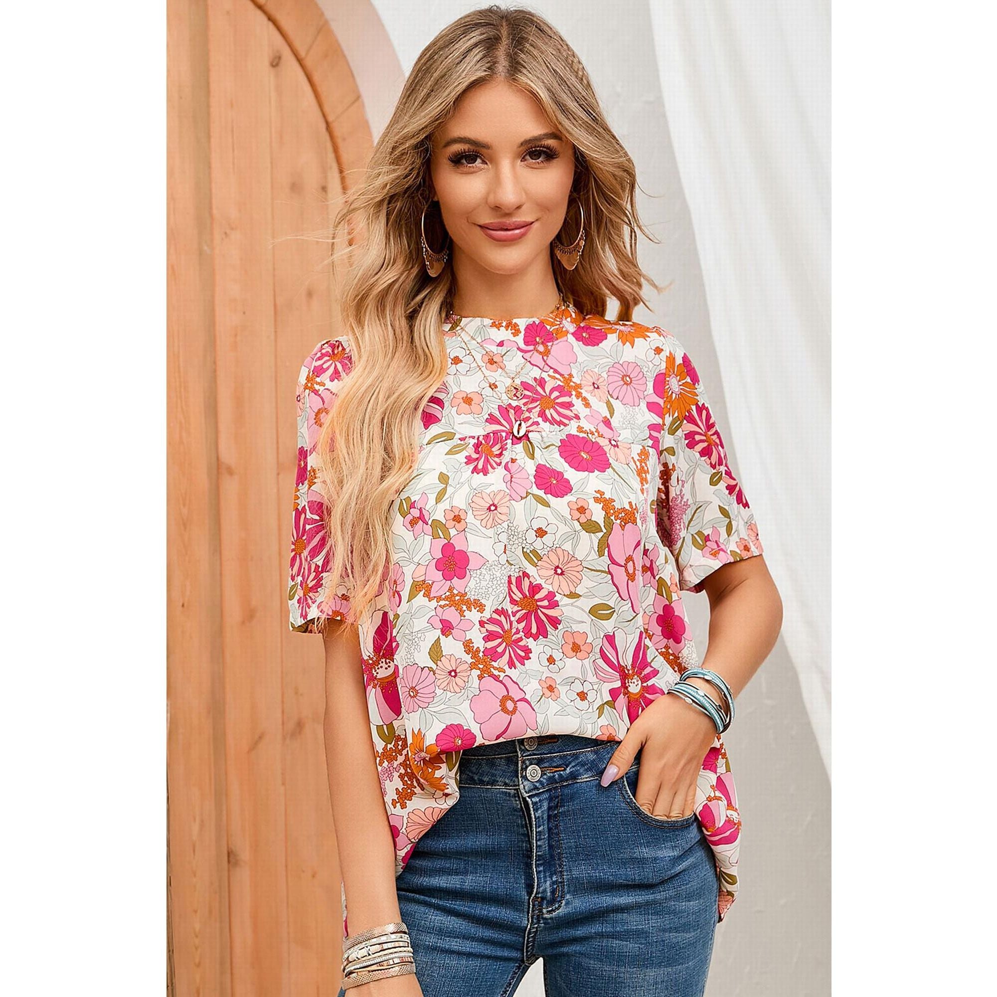 Azura Exchange Boho Flower Print Puff Sleeve Top - M