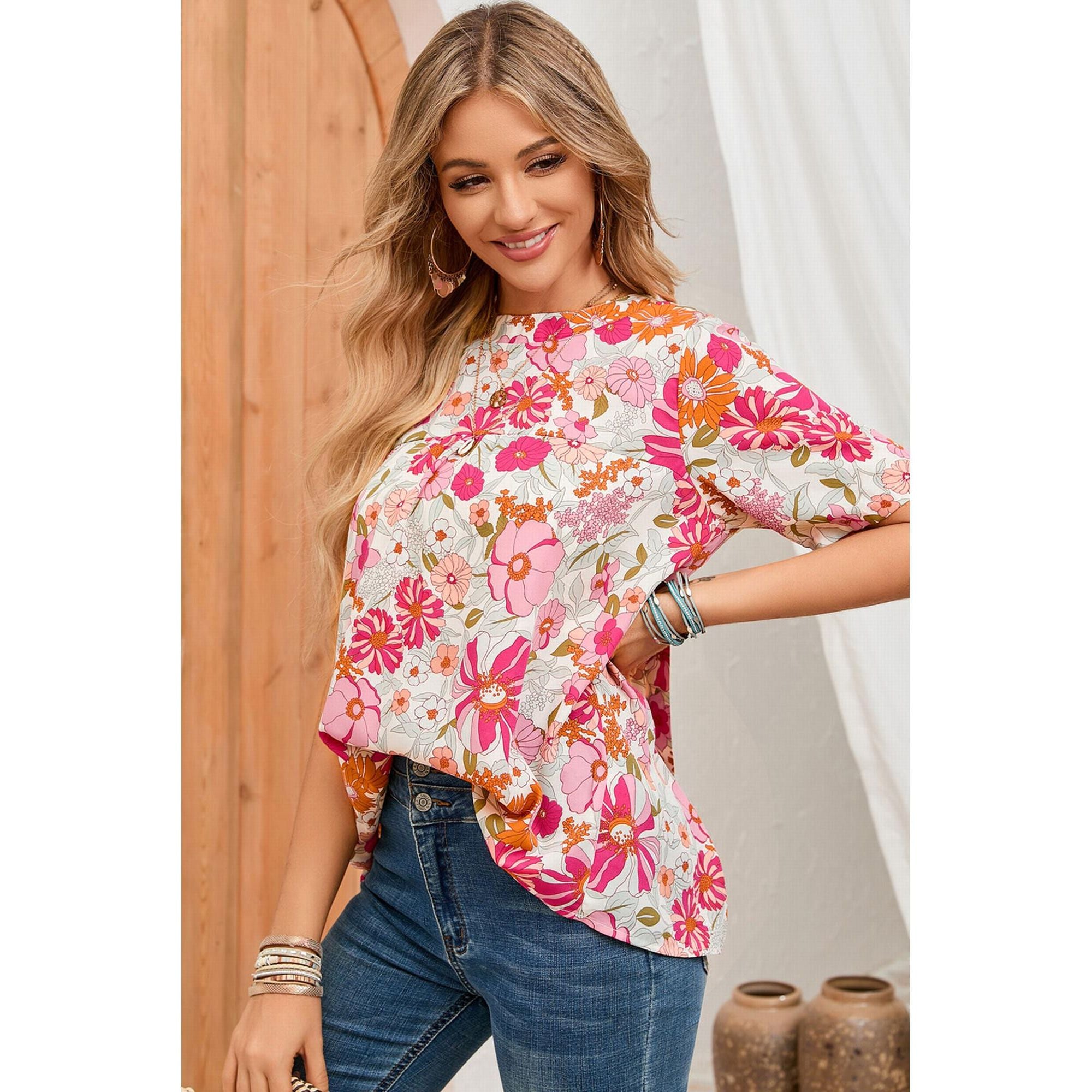 Azura Exchange Boho Flower Print Puff Sleeve Top - M