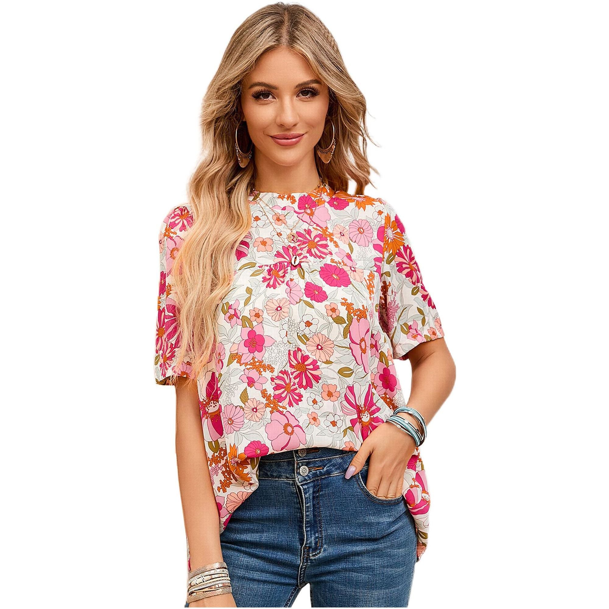 Azura Exchange Boho Flower Print Puff Sleeve Top - M