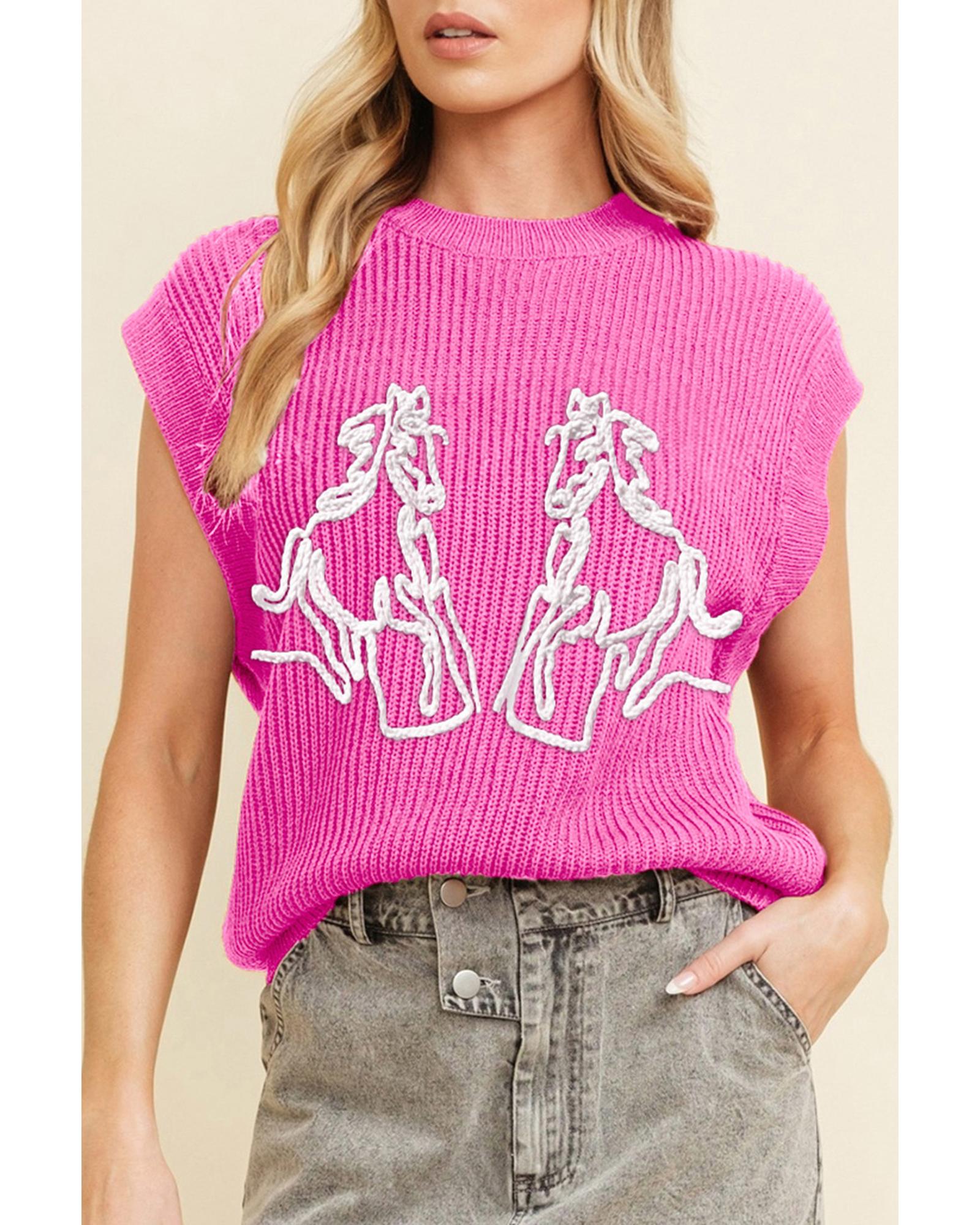 Bright Pink Western Horse Embroidered Round Neck Sweater Tee - M