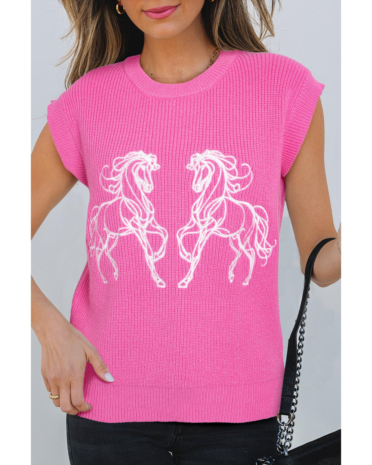 Sachet Pink Western Horse Embroidered Round Neck Sweater Tee - L