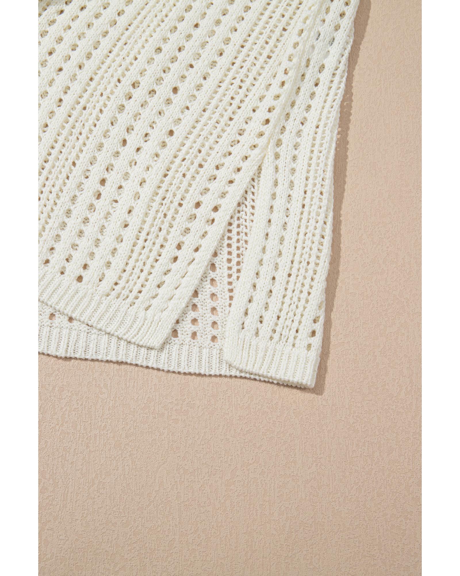 Beige Open Knit Drawstring Waist Beach Dress - L