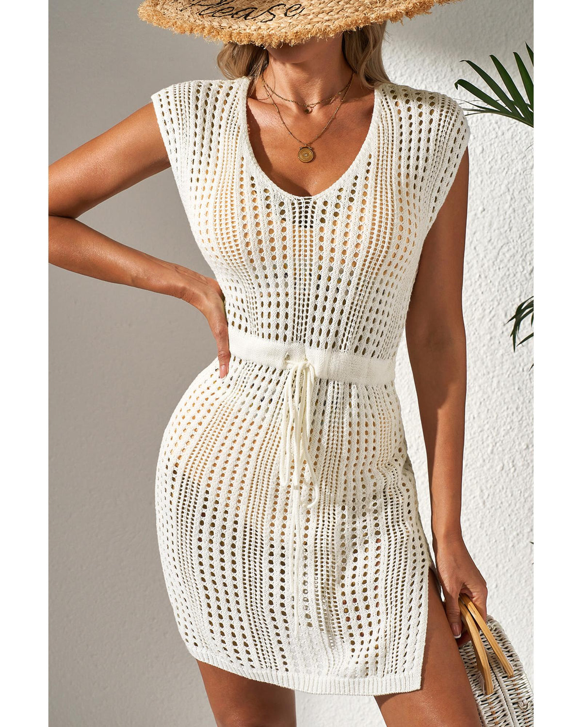 Beige Open Knit Drawstring Waist Beach Dress - L