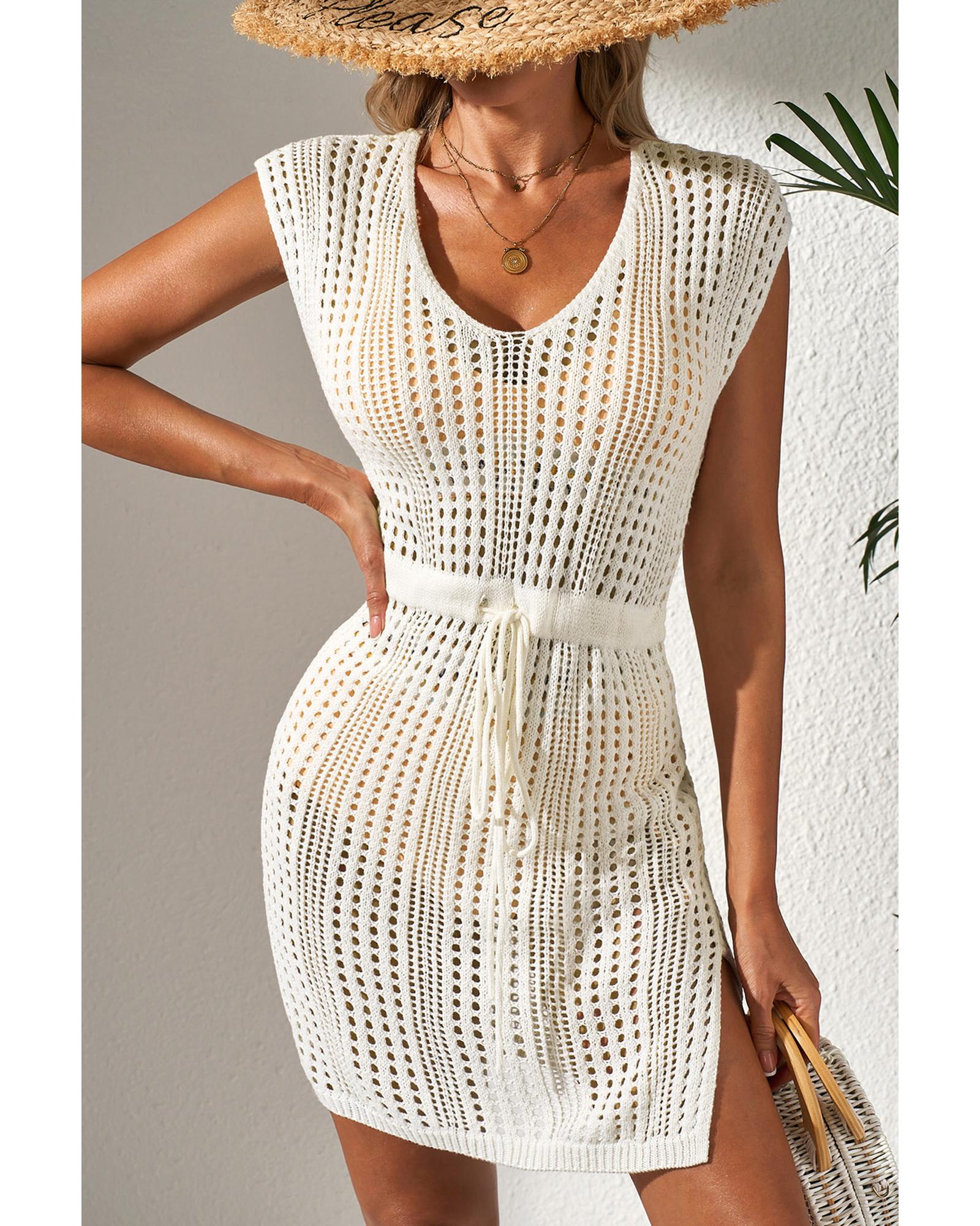 Beige Open Knit Drawstring Waist Beach Dress - L