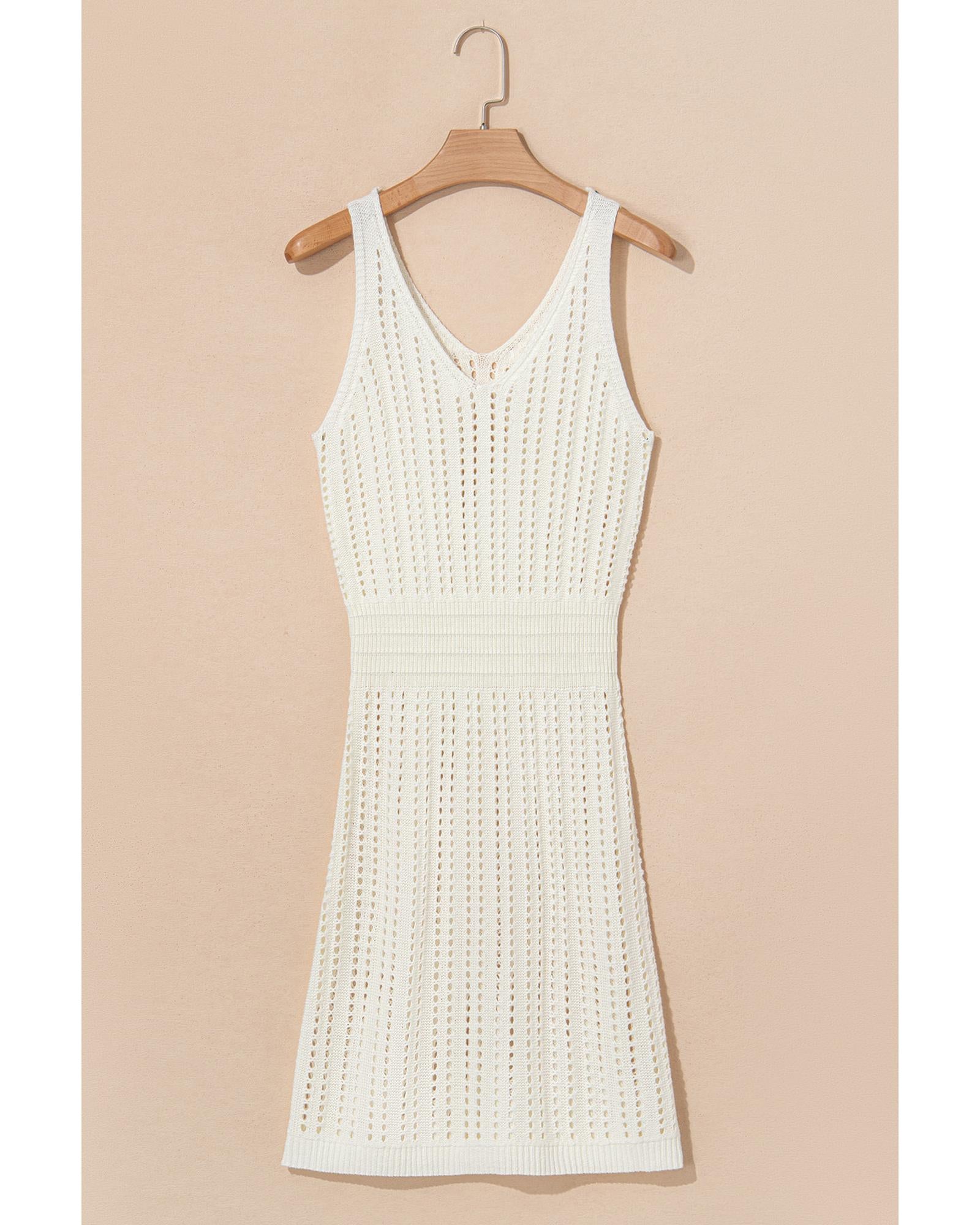 White Eyelet Crochet Sleeveless V Neck Beach Dress - S