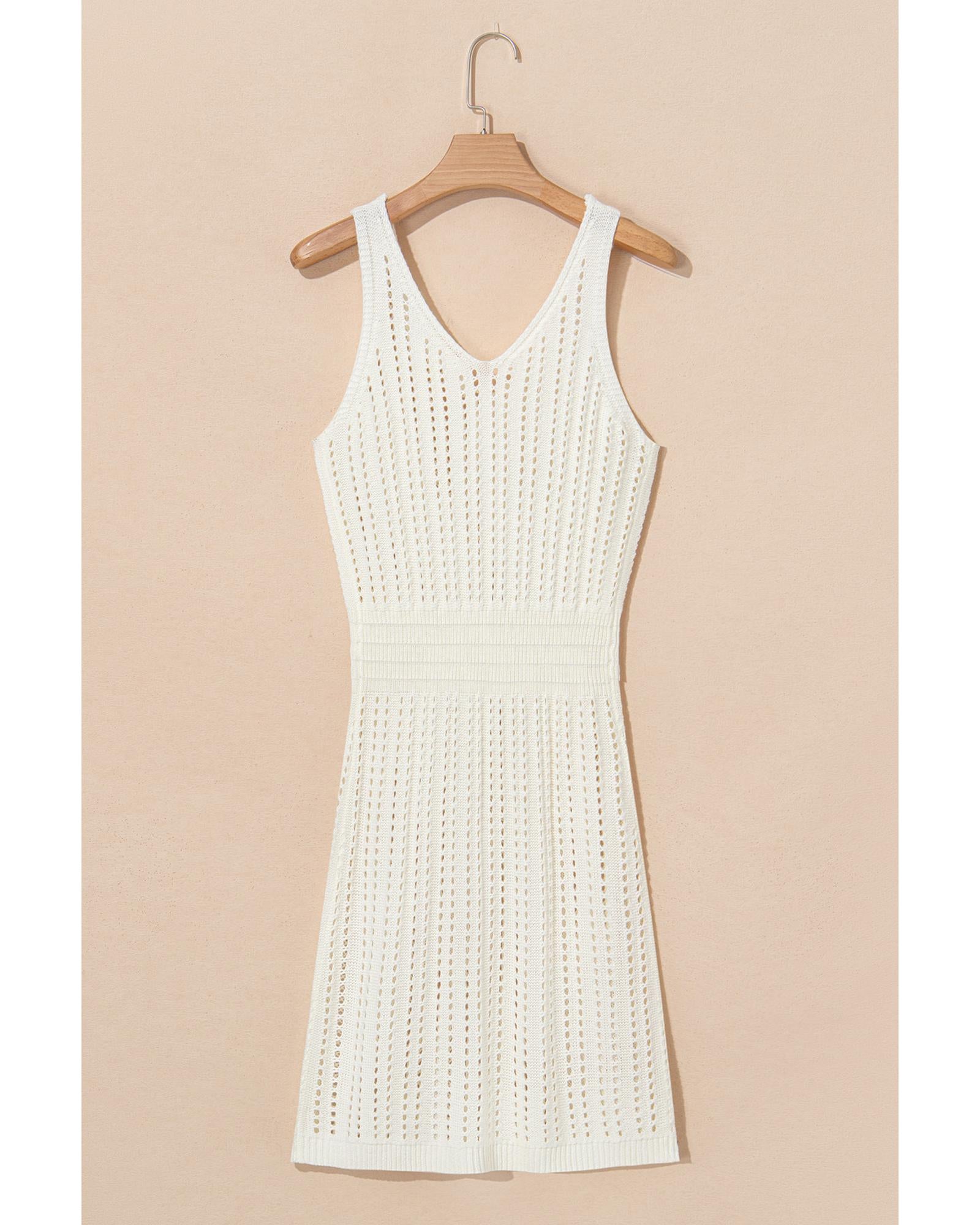 White Eyelet Crochet Sleeveless V Neck Beach Dress - S