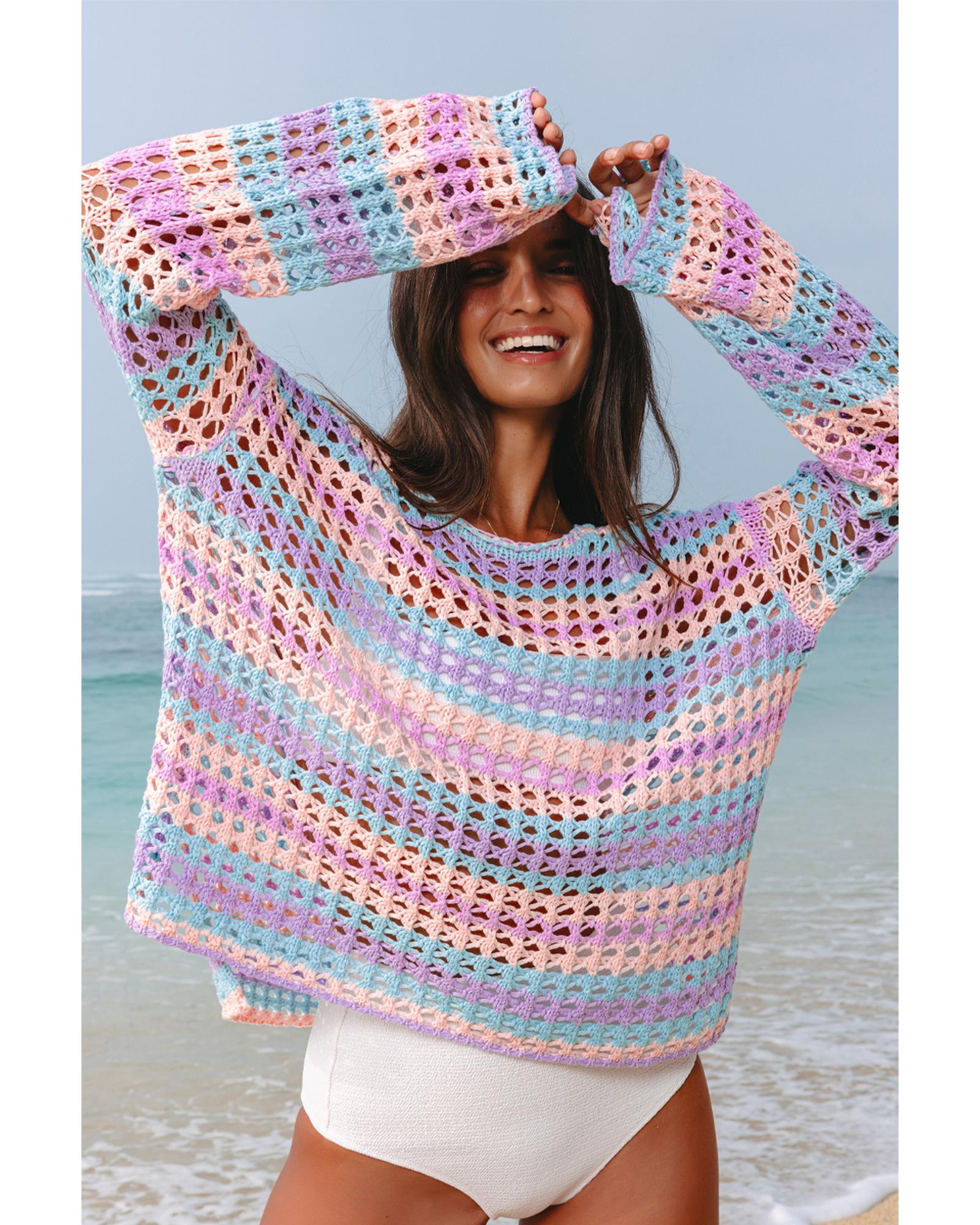 Purple Multi Stripe Open Knit Sweater Beach Cover Up - L