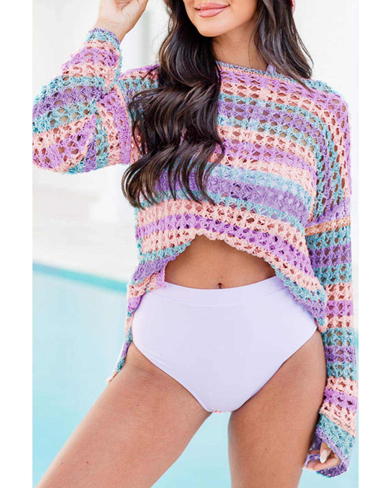 Purple Multi Stripe Open Knit Sweater Beach Cover Up - L