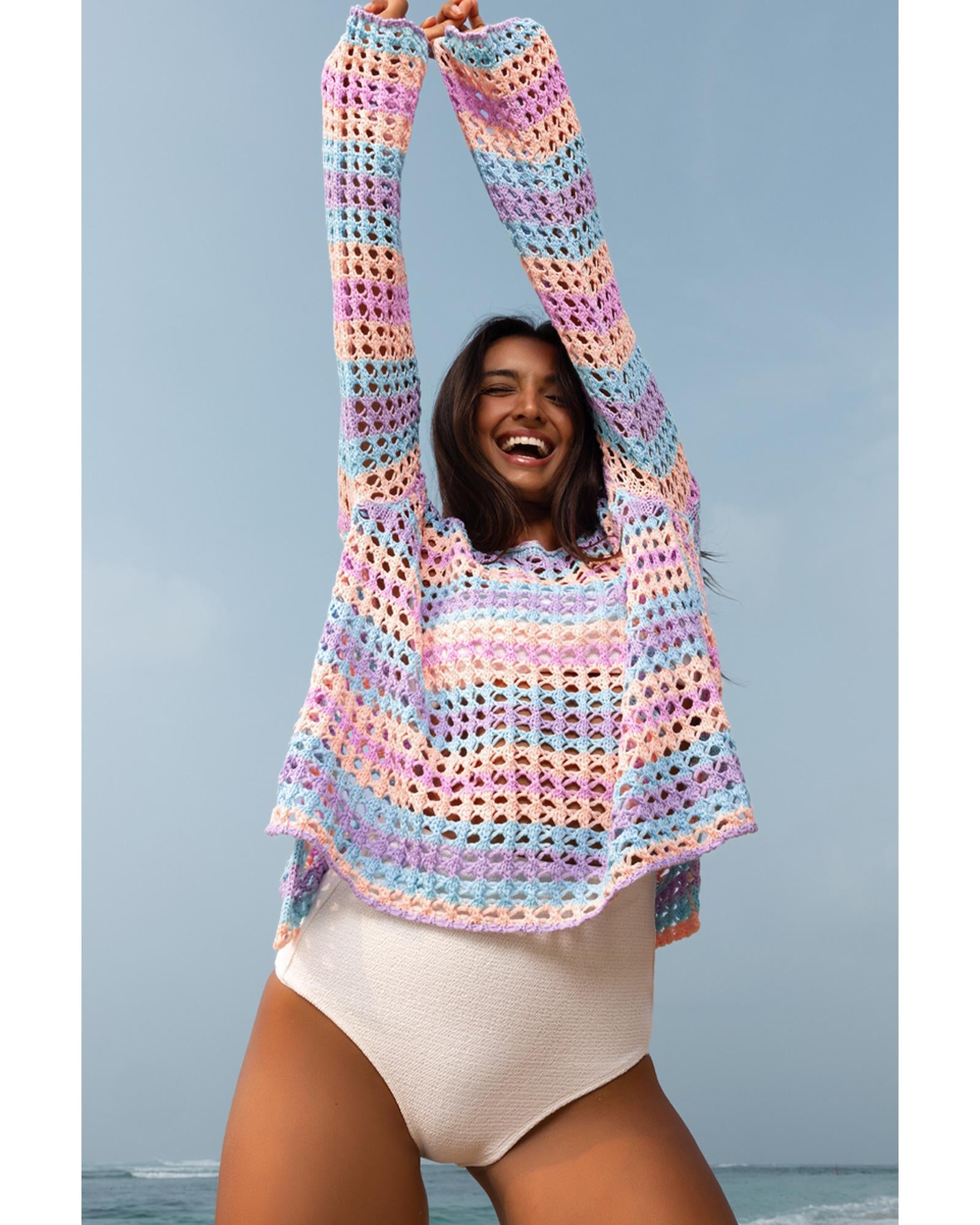 Purple Multi Stripe Open Knit Sweater Beach Cover Up - M