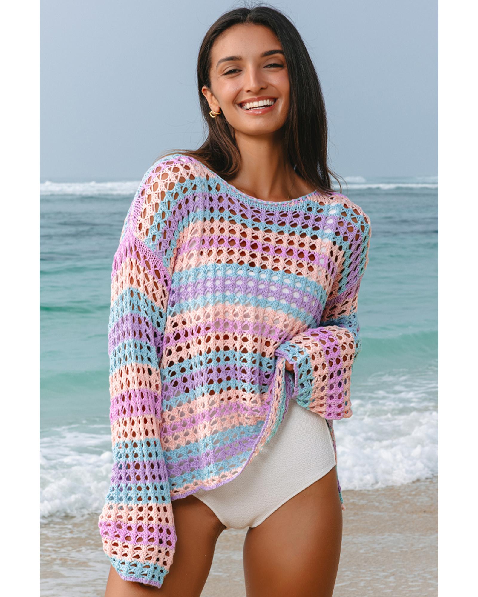 Purple Multi Stripe Open Knit Sweater Beach Cover Up - M