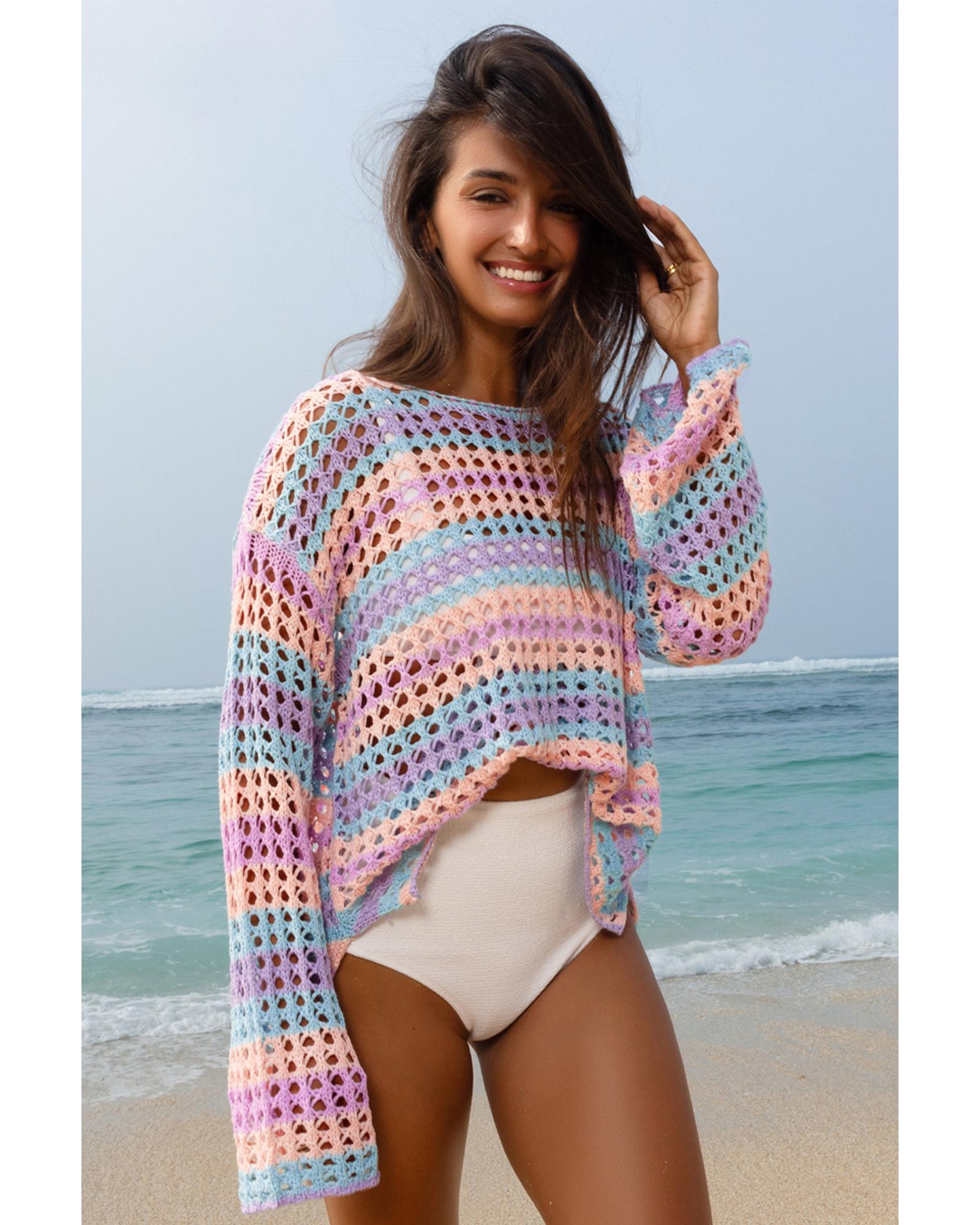 Purple Multi Stripe Open Knit Sweater Beach Cover Up - M