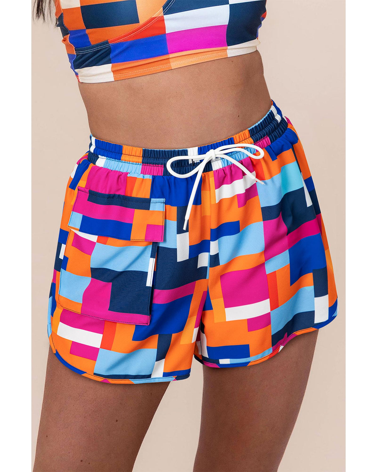 Rose Geometric Printed Drawstring Waist Beach Shorts with Pockets - 2XL