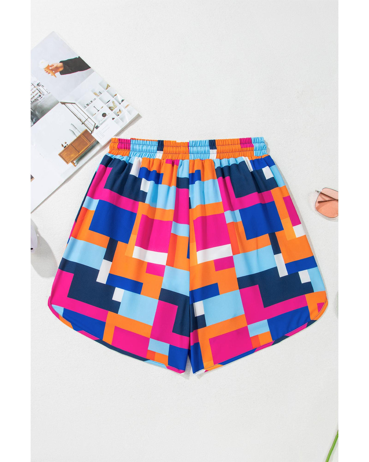 Rose Geometric Printed Drawstring Waist Beach Shorts with Pockets - 2XL