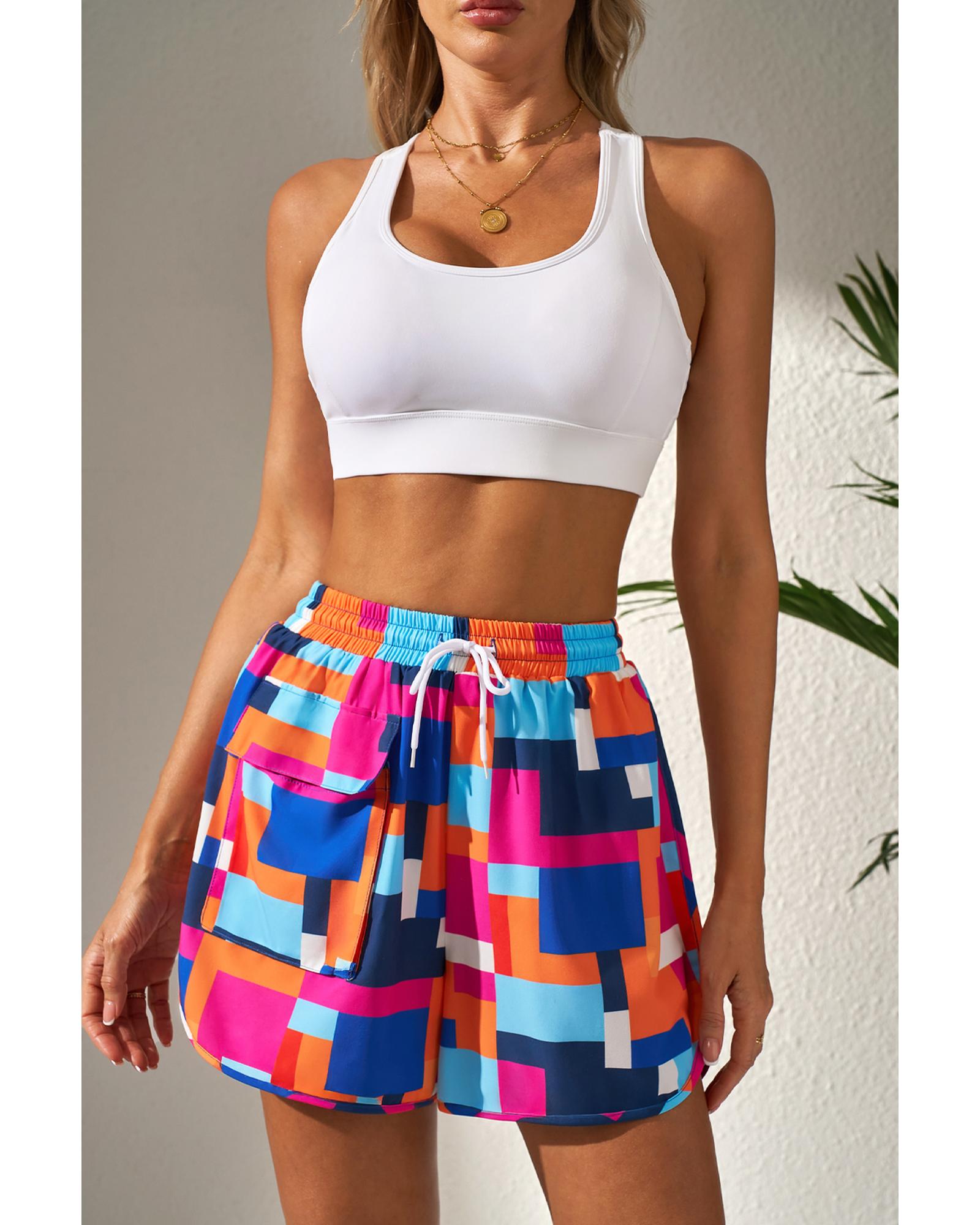 Rose Geometric Printed Drawstring Waist Beach Shorts with Pockets - S