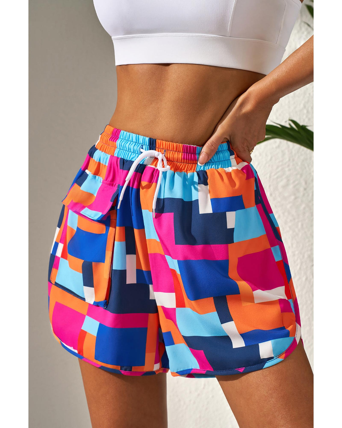 Rose Geometric Printed Drawstring Waist Beach Shorts with Pockets - XL