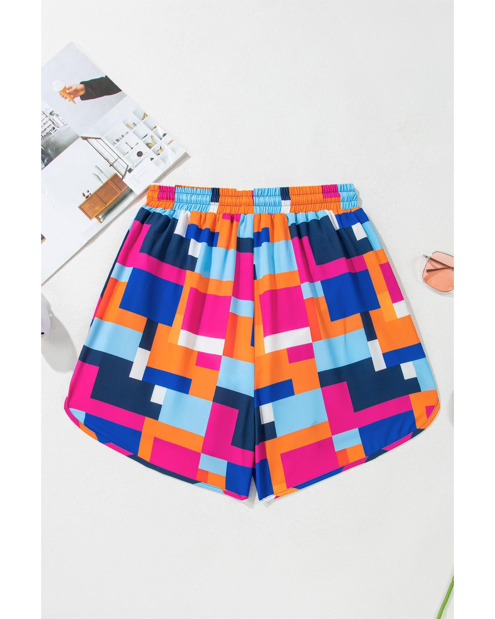 Rose Geometric Printed Drawstring Waist Beach Shorts with Pockets - XL