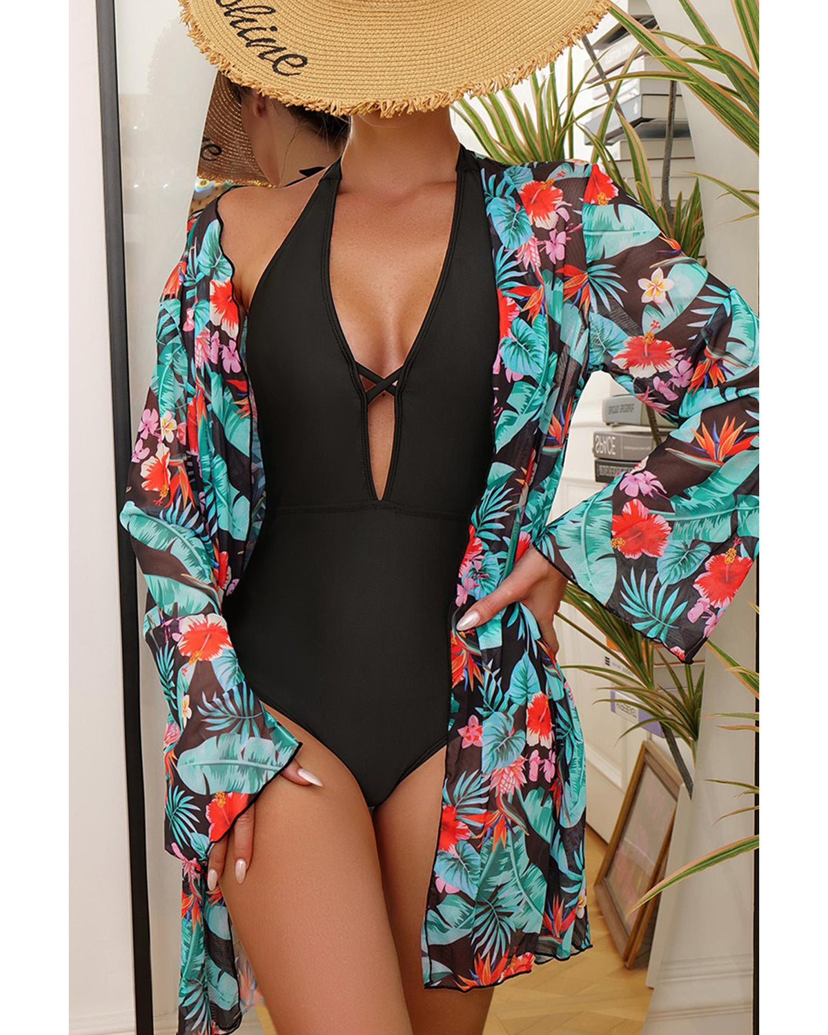 Black Halter Neck Monokini with Floral Beach Cover Up - L